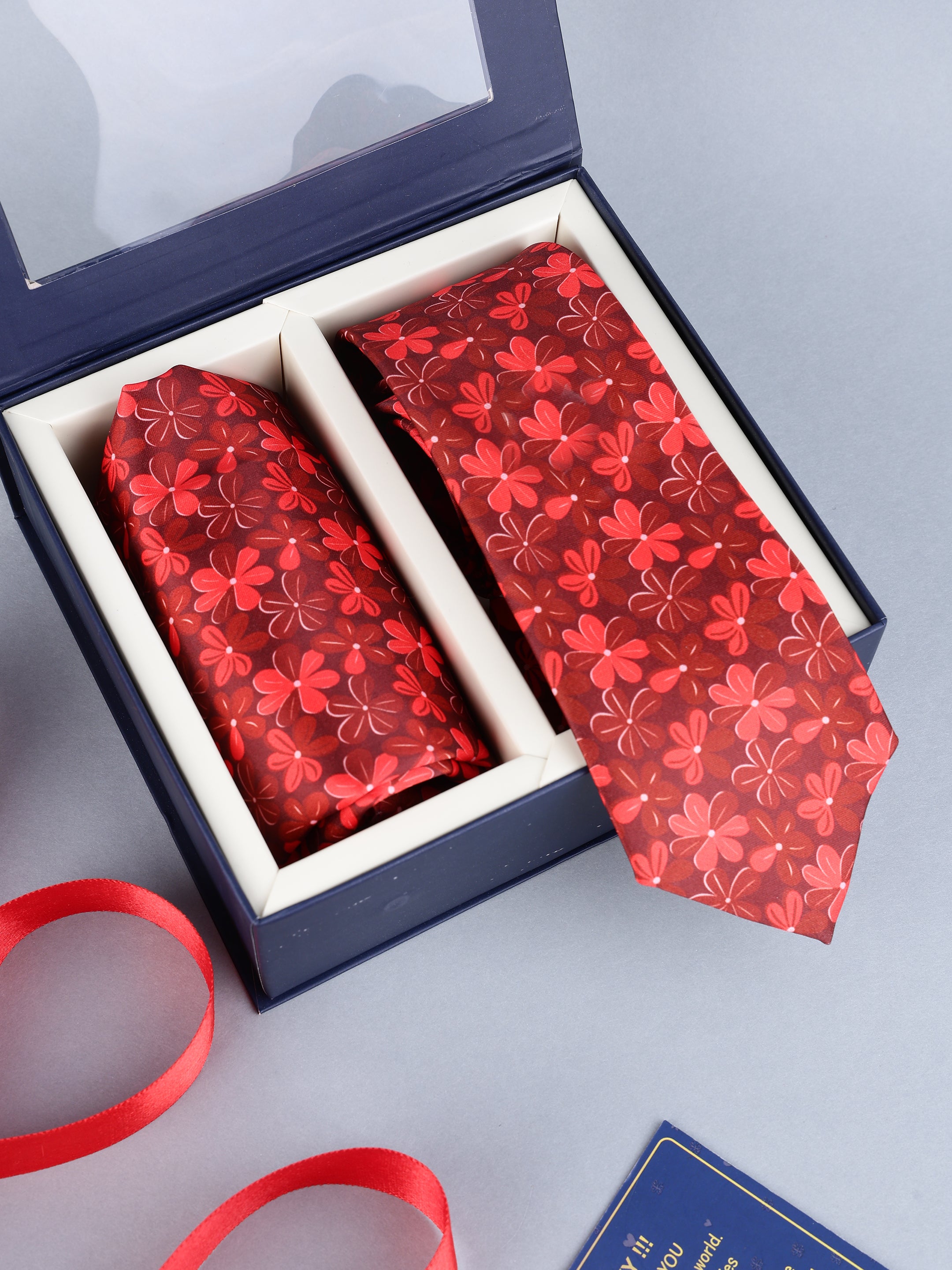 Red Floral Necktie & Pocket Square Gift Set