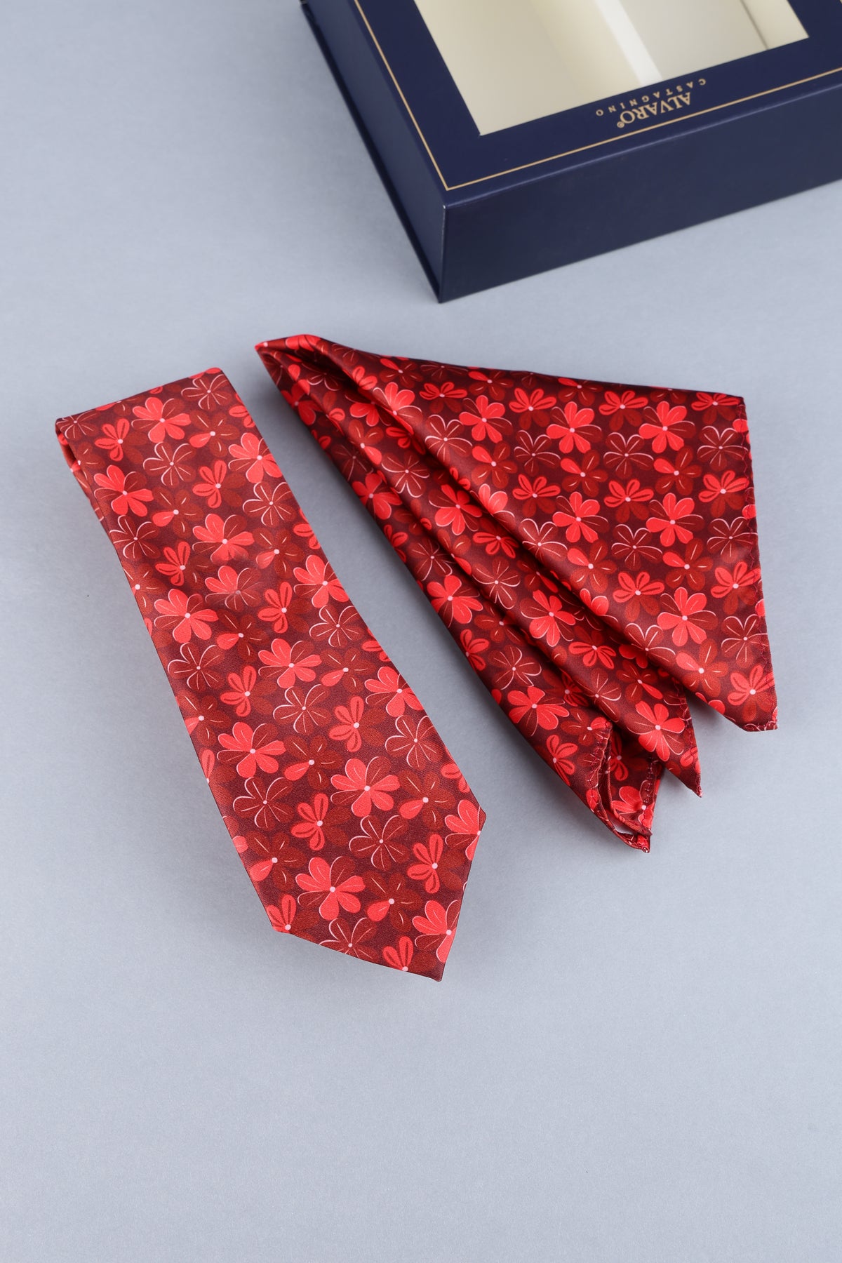 Red Floral Necktie & Pocket Square Gift Set