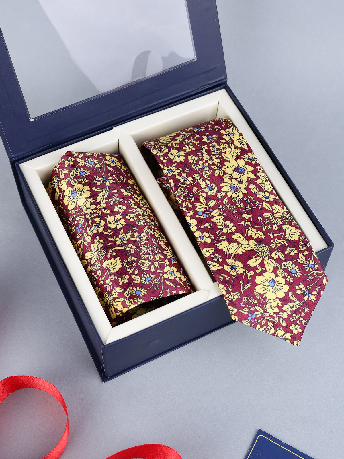 Maroon & Gold Meadow Floral Necktie & Pocket Square Set