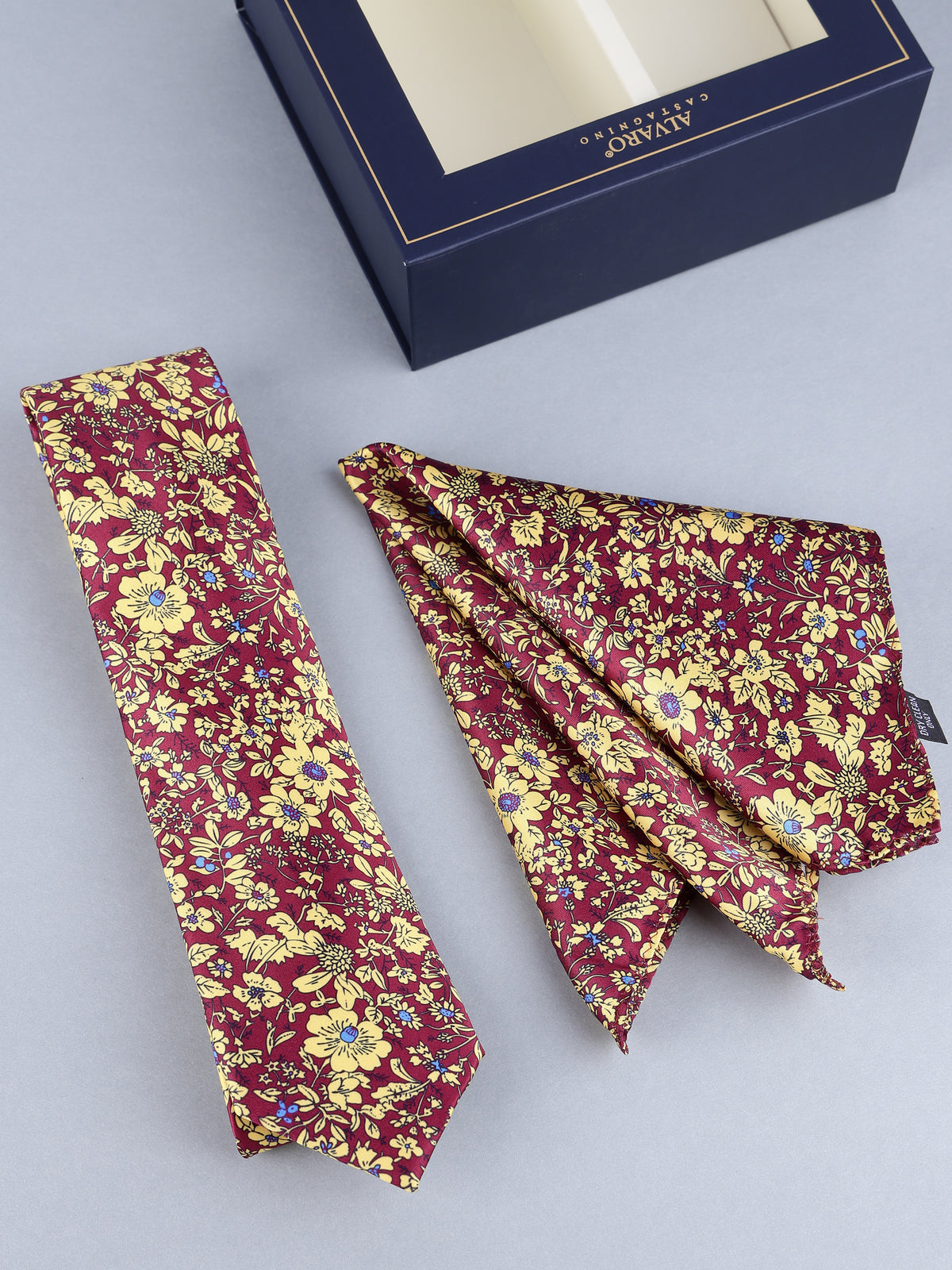 Maroon & Gold Meadow Floral Necktie & Pocket Square Set