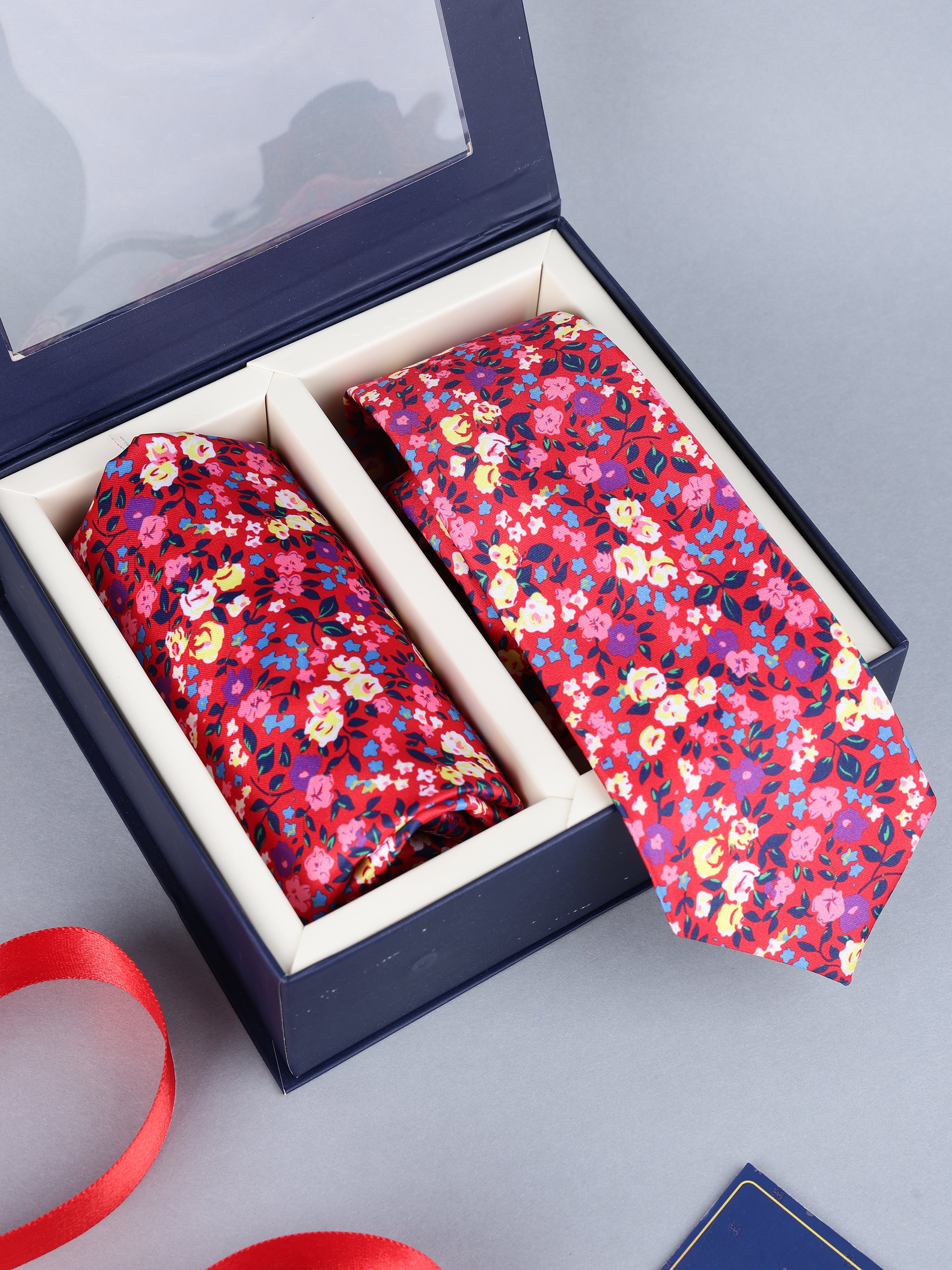 Crimson Bright Meadow Floral Necktie & Pocket Square Set