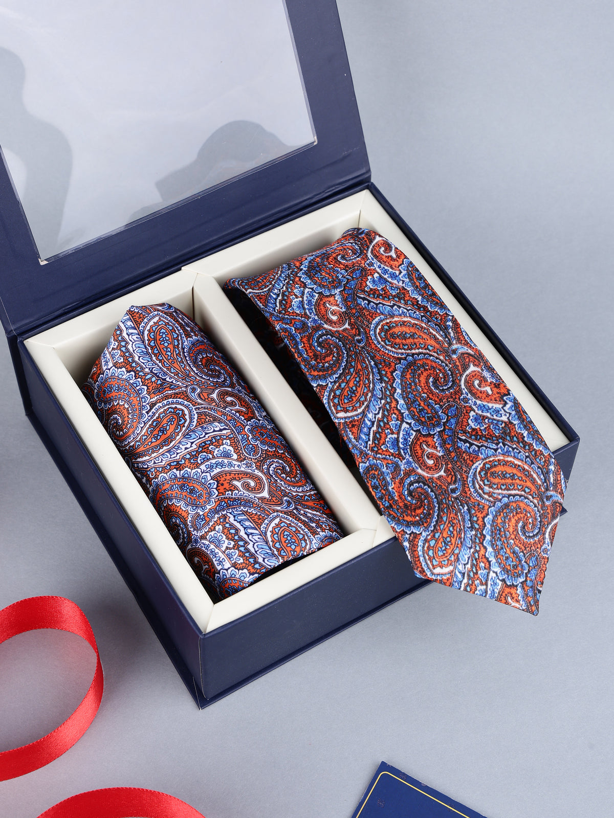 Rust Orange & Navy Intricate Paisley Necktie & Pocket Square Set