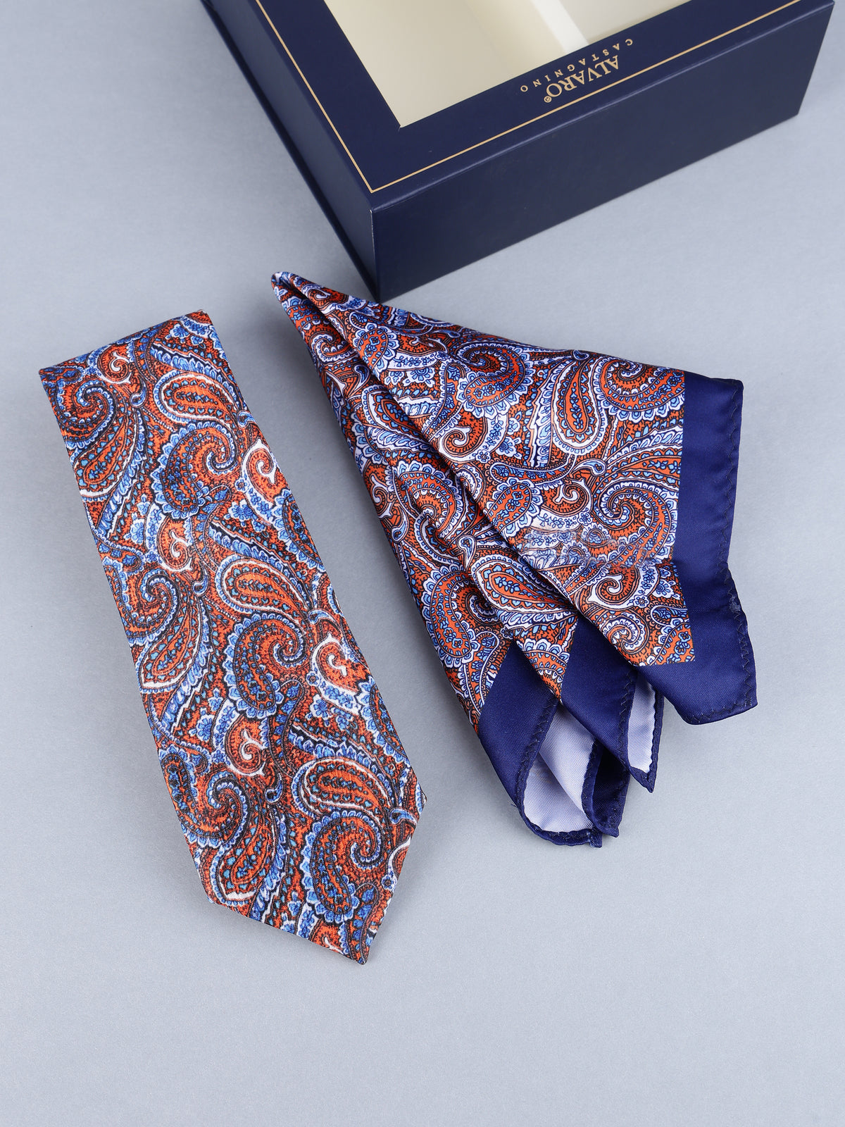 Rust Orange & Navy Intricate Paisley Necktie & Pocket Square Set