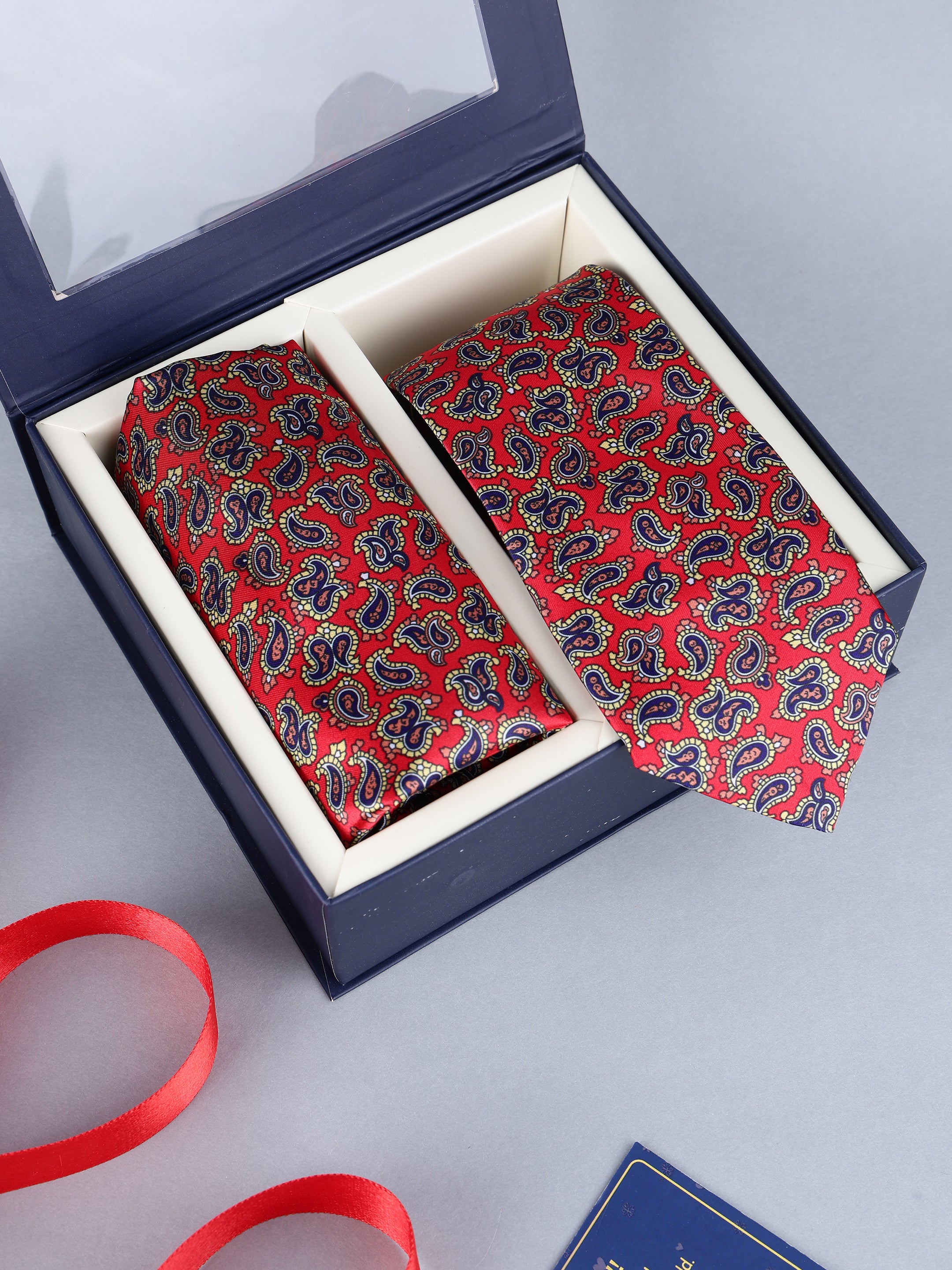 Red & Navy Paisley Necktie & Pocket Square Gift Set