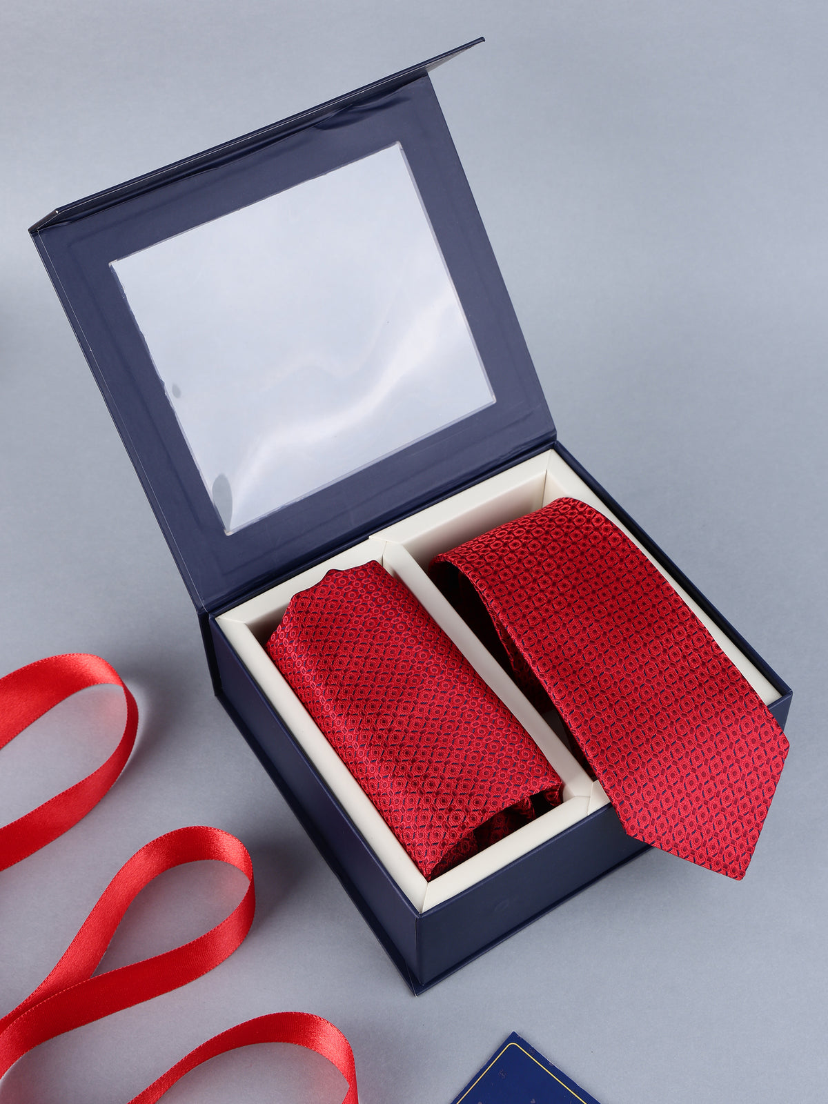 Crimson Geometric Micro-Grid Necktie & Pocket Square Set