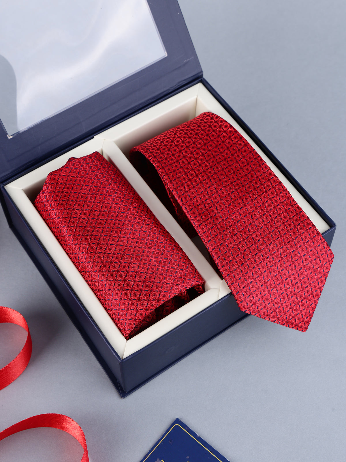 Crimson Geometric Micro-Grid Necktie & Pocket Square Set