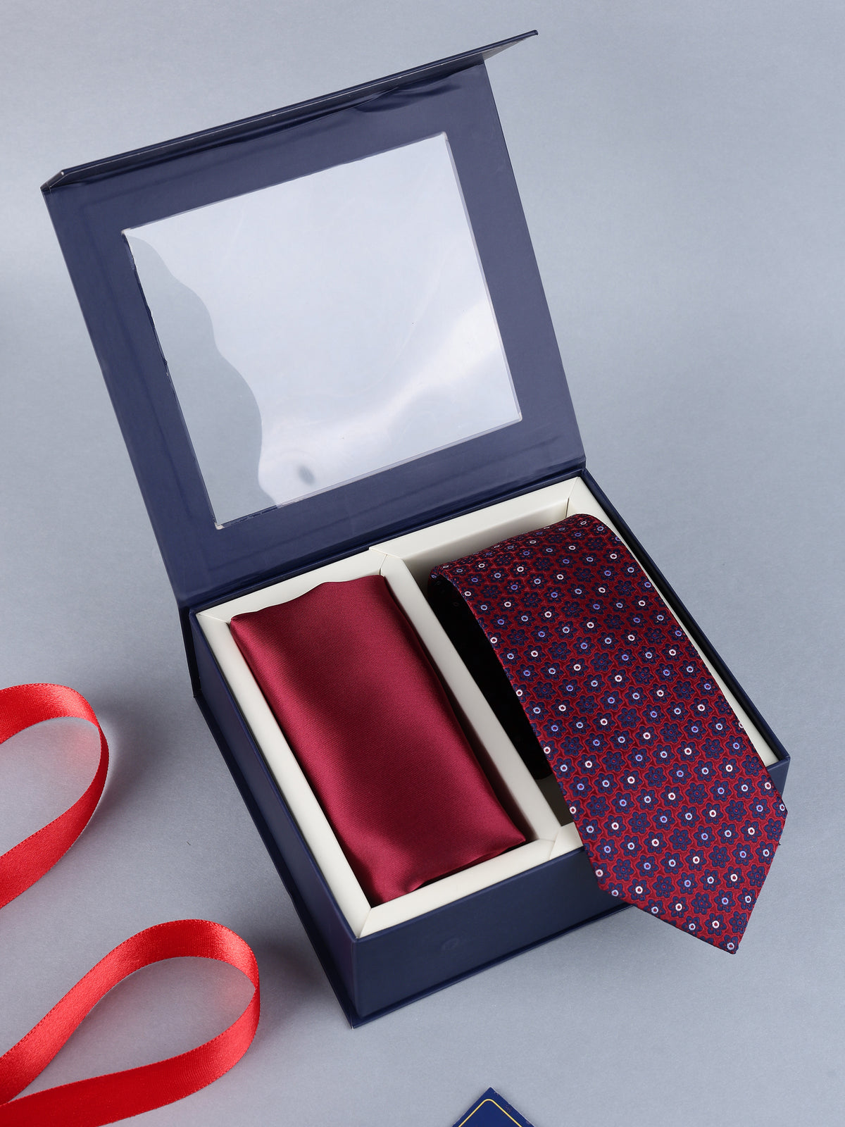 Maroon Micro Floral Necktie & Solid Pocket Square Set