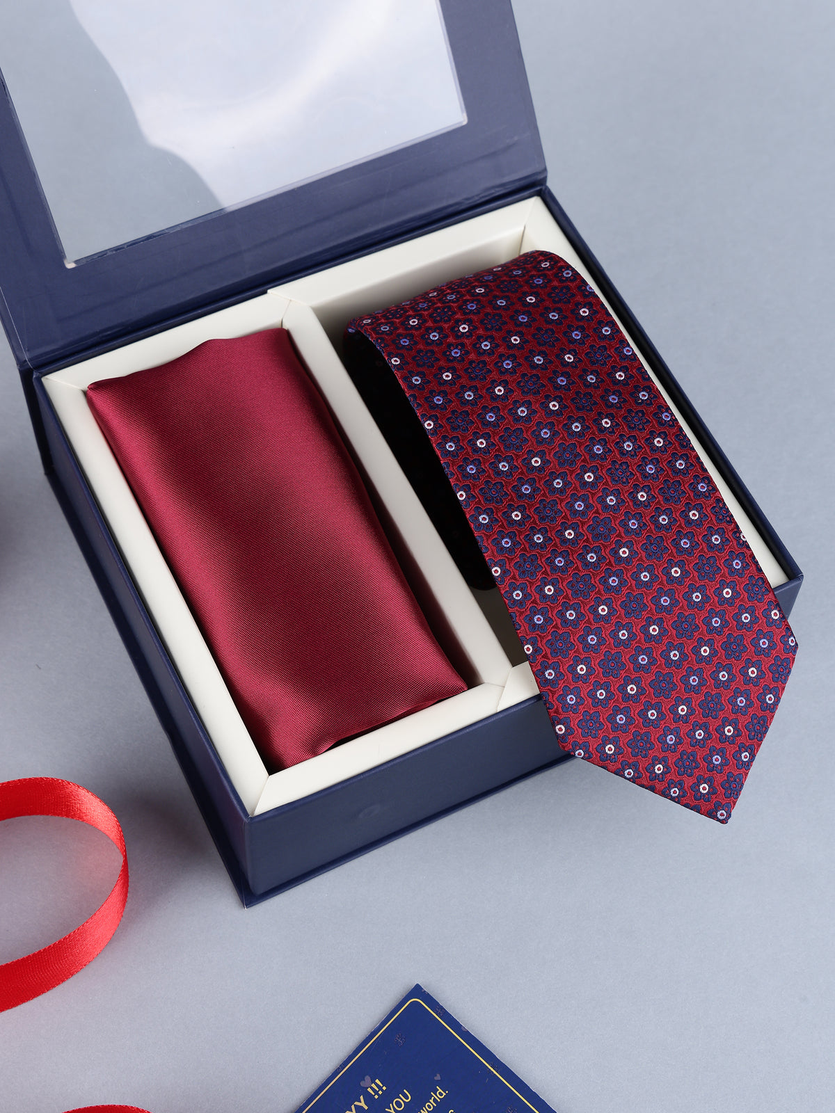 Maroon Micro Floral Necktie & Solid Pocket Square Set