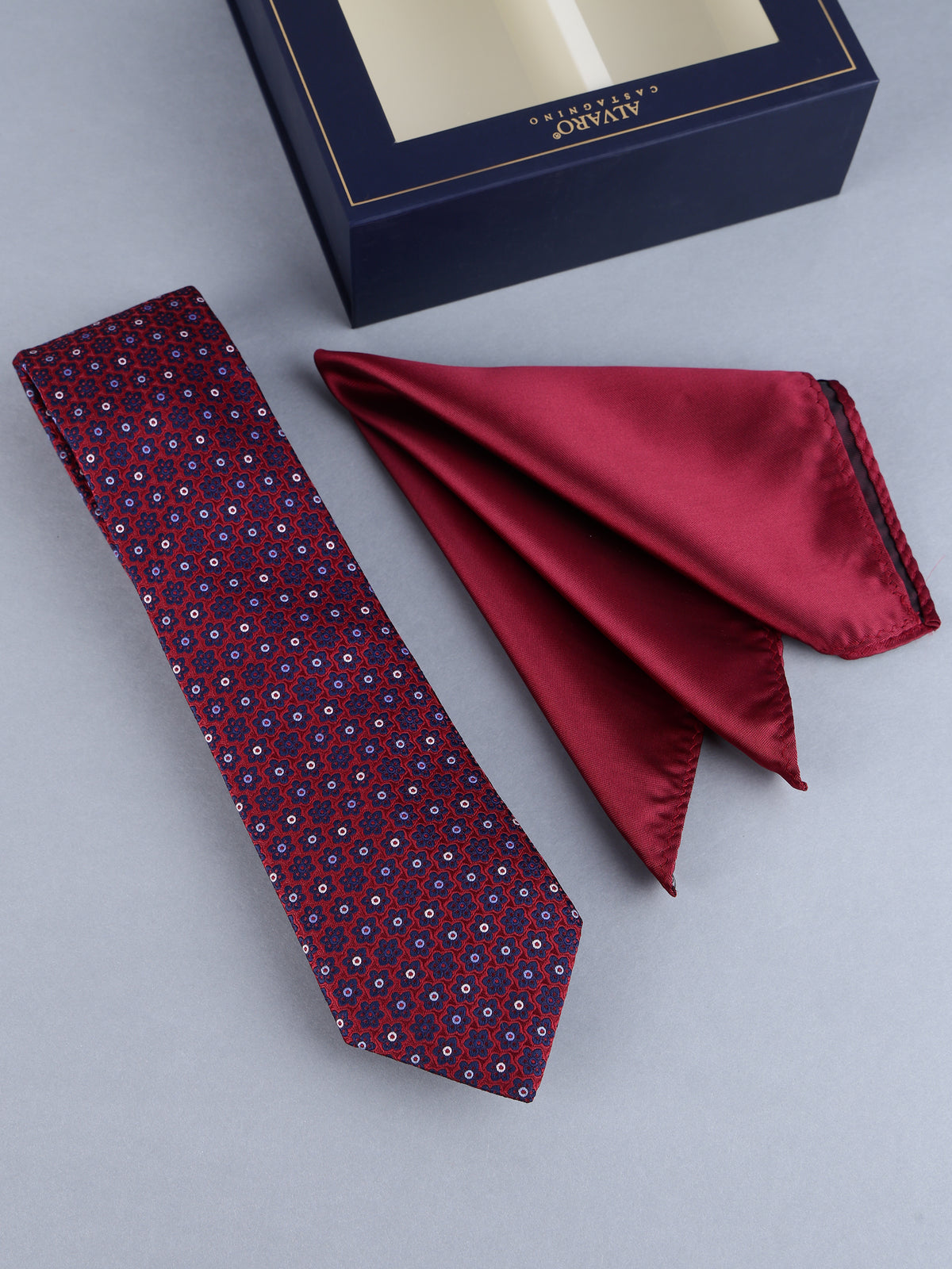 Maroon Micro Floral Necktie & Solid Pocket Square Set