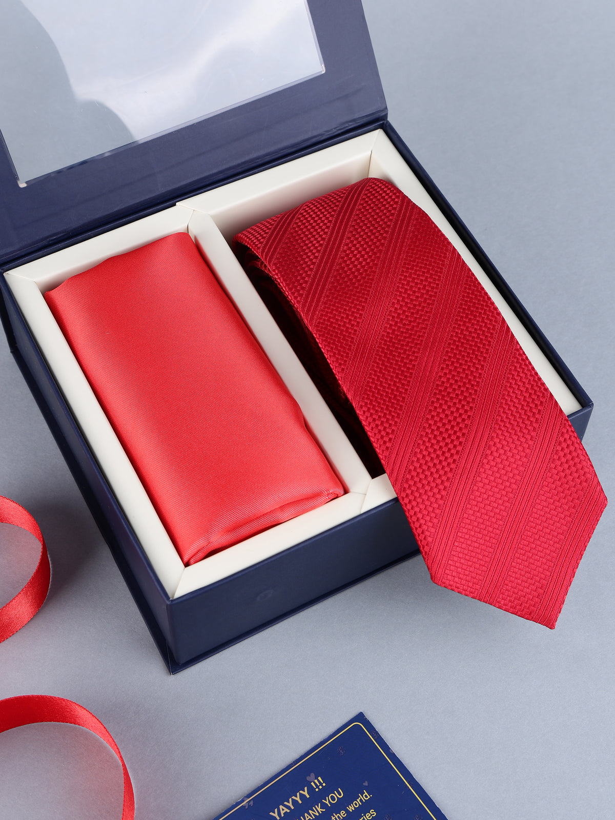 Crimson Red Textured Stripe Necktie & Solid Pocket Square Set