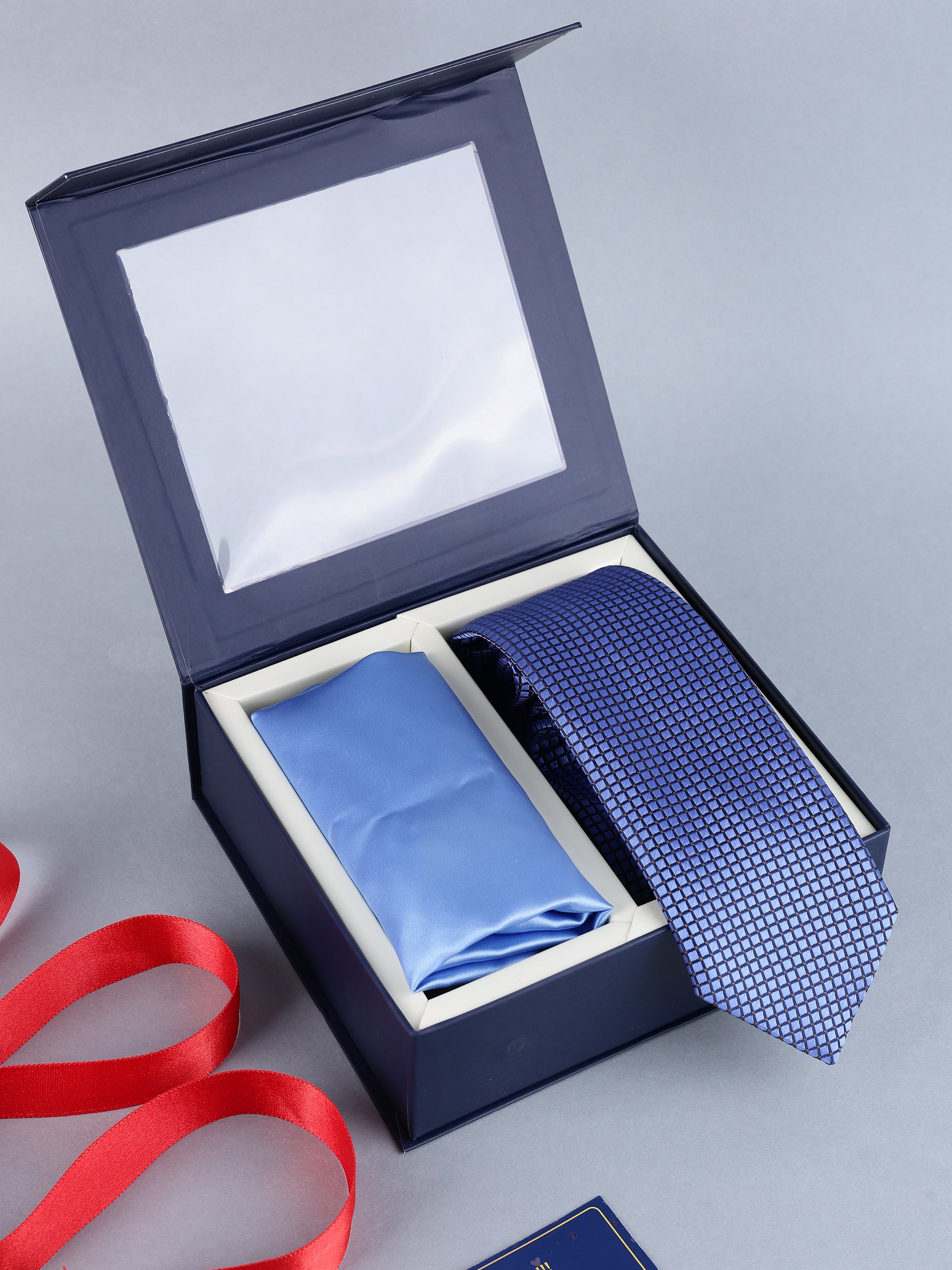 Ocean Blue Micro-Grid Necktie & Solid Pocket Square Set