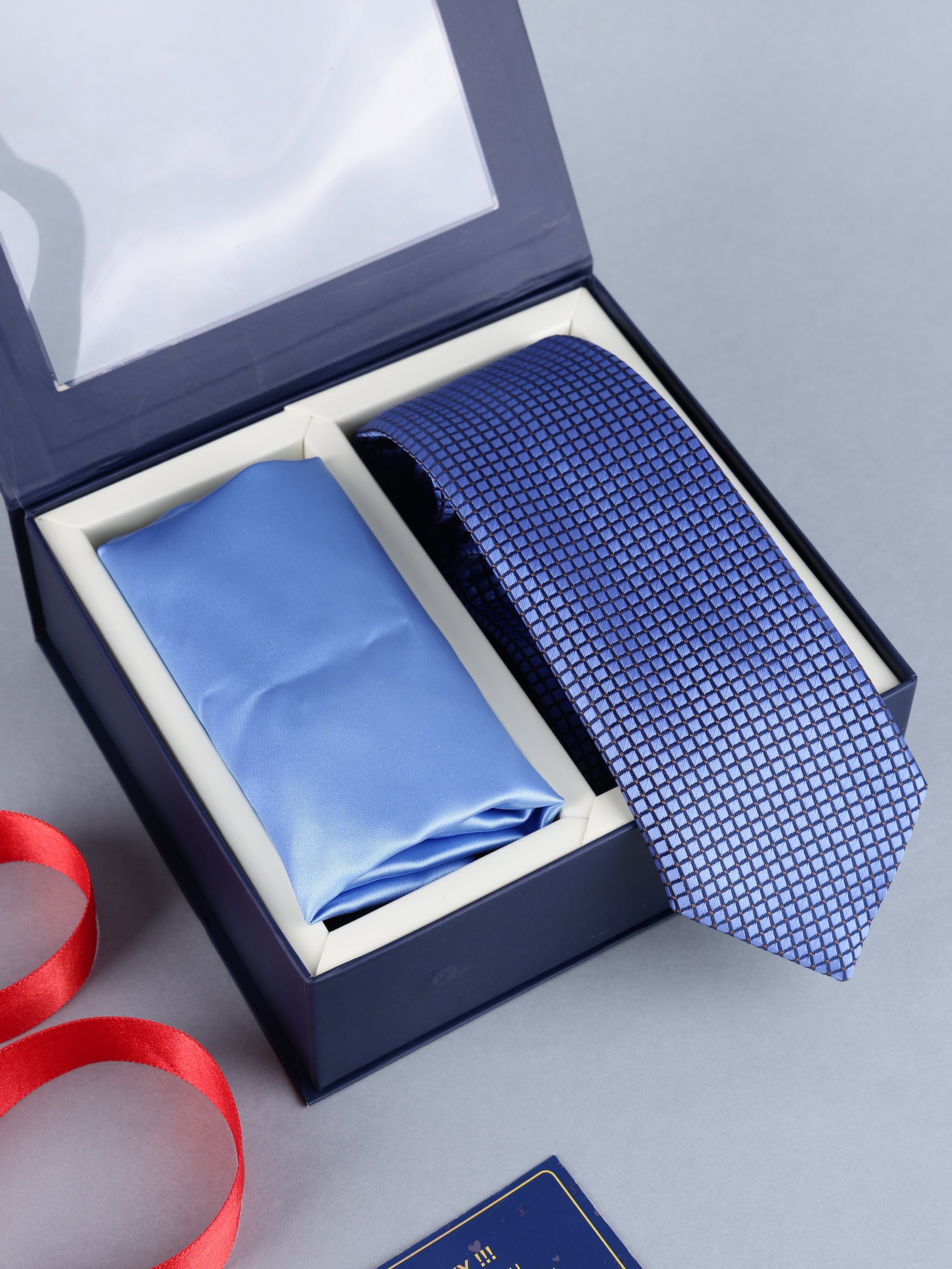 Ocean Blue Micro-Grid Necktie & Solid Pocket Square Set
