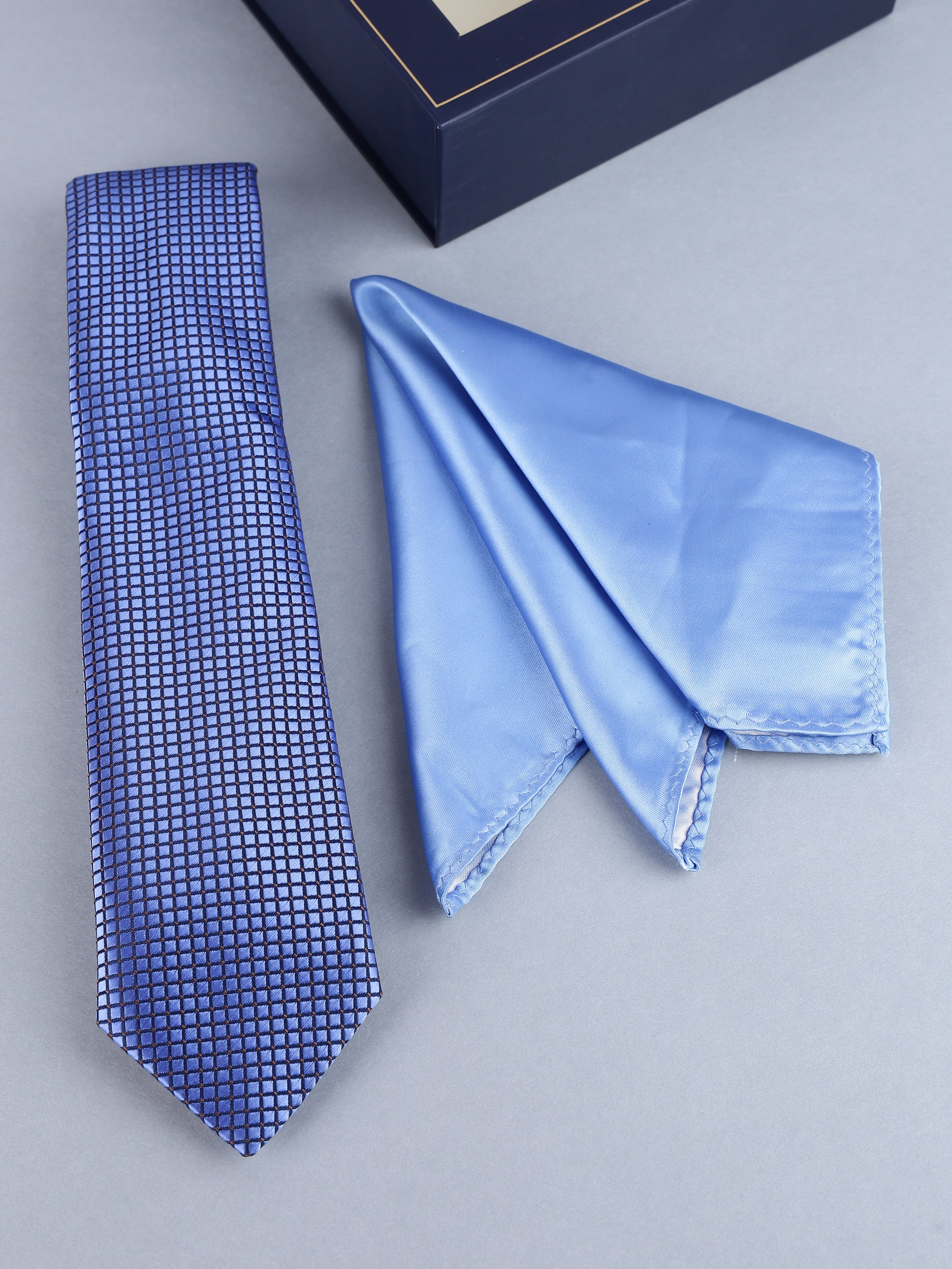 Ocean Blue Micro-Grid Necktie & Solid Pocket Square Set
