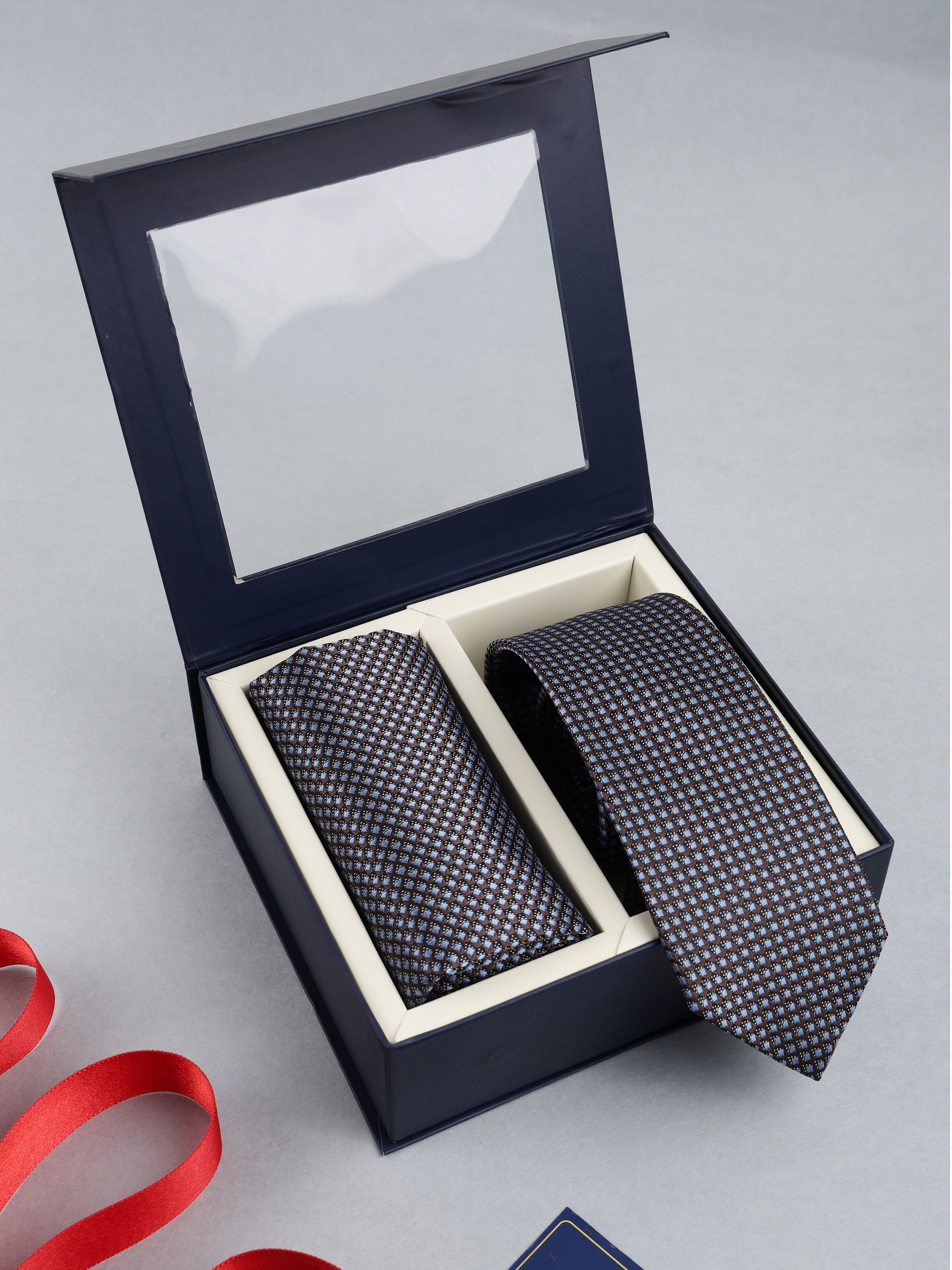 Charcoal & Ice Blue Micro-Grid Necktie & Pocket Square Set
