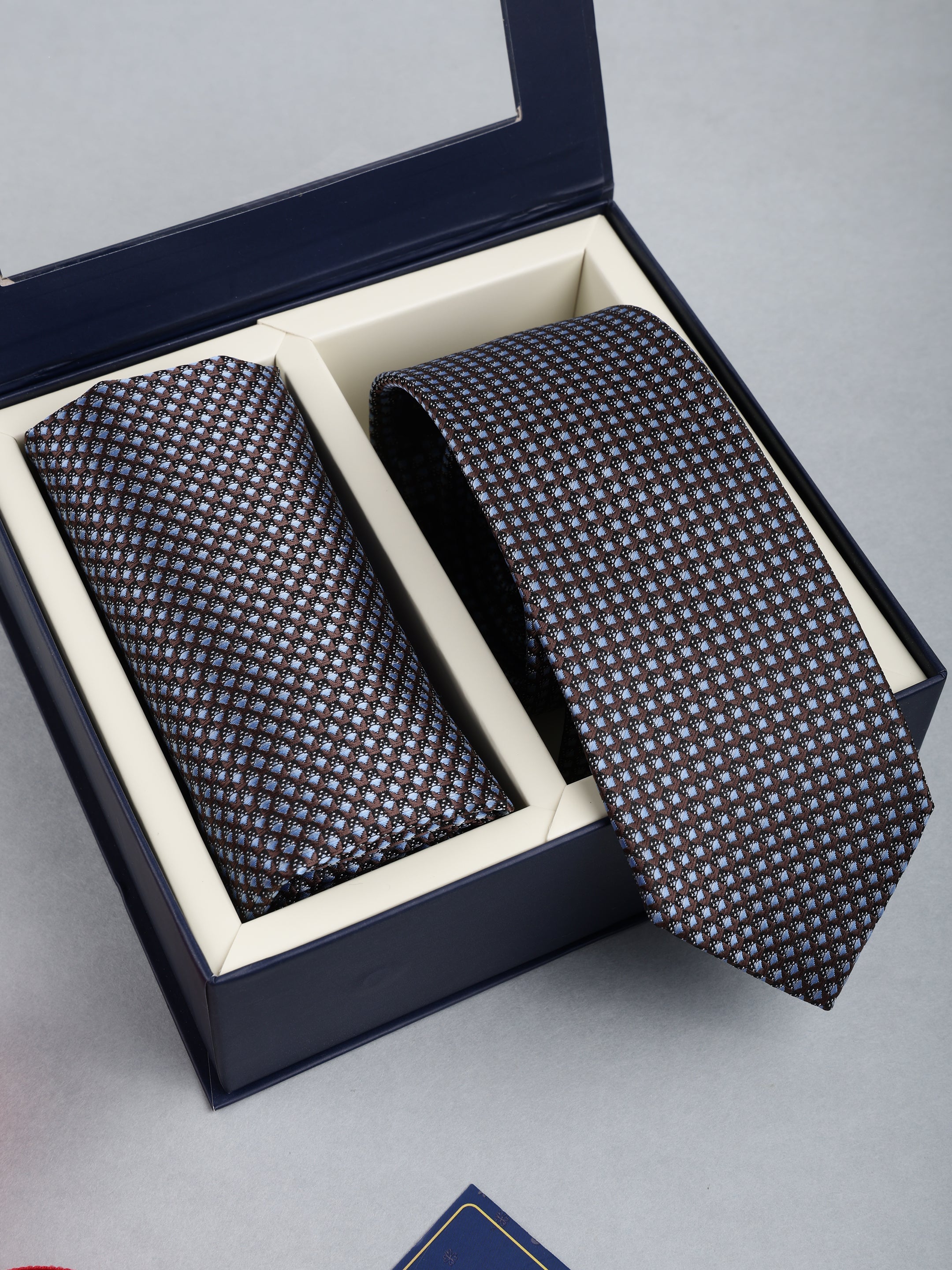 Charcoal & Ice Blue Micro-Grid Necktie & Pocket Square Set