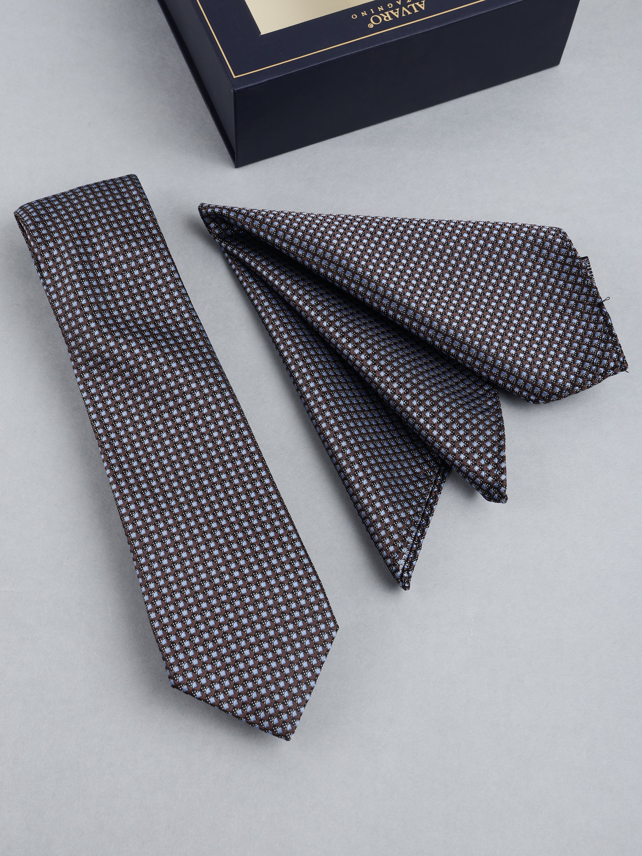 Charcoal & Ice Blue Micro-Grid Necktie & Pocket Square Set