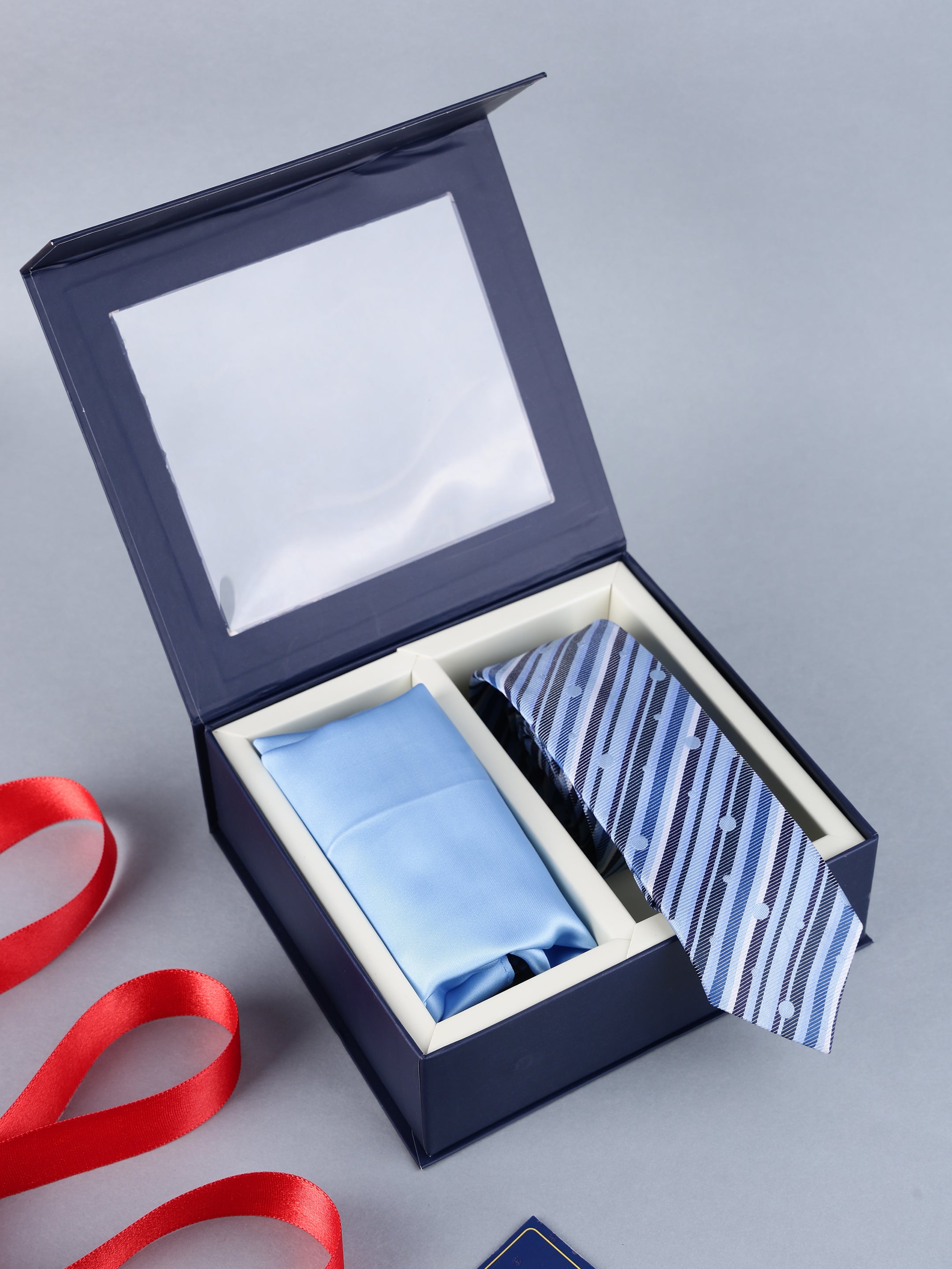 Sky Blue Diagonal Stripe & Dot Necktie & Solid Pocket Square Set