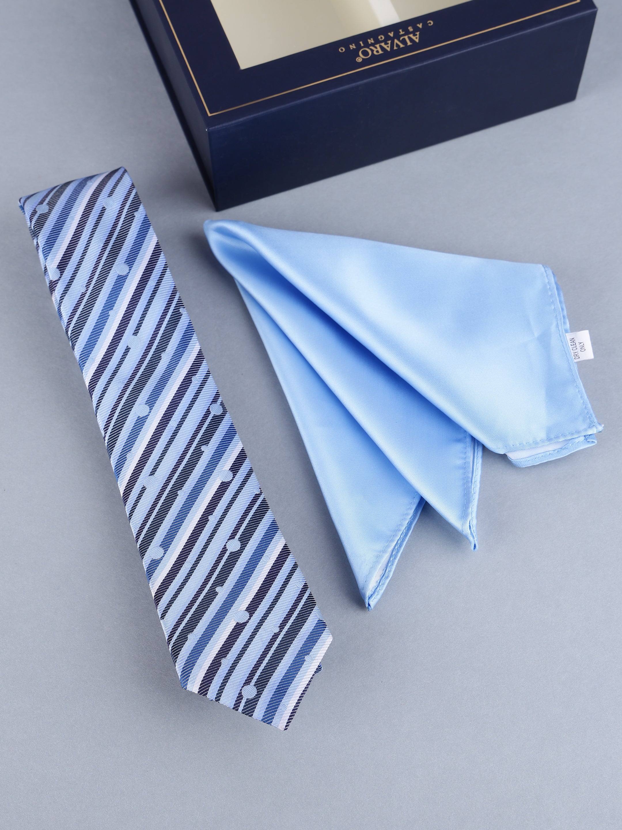 Sky Blue Diagonal Stripe & Dot Necktie & Solid Pocket Square Set