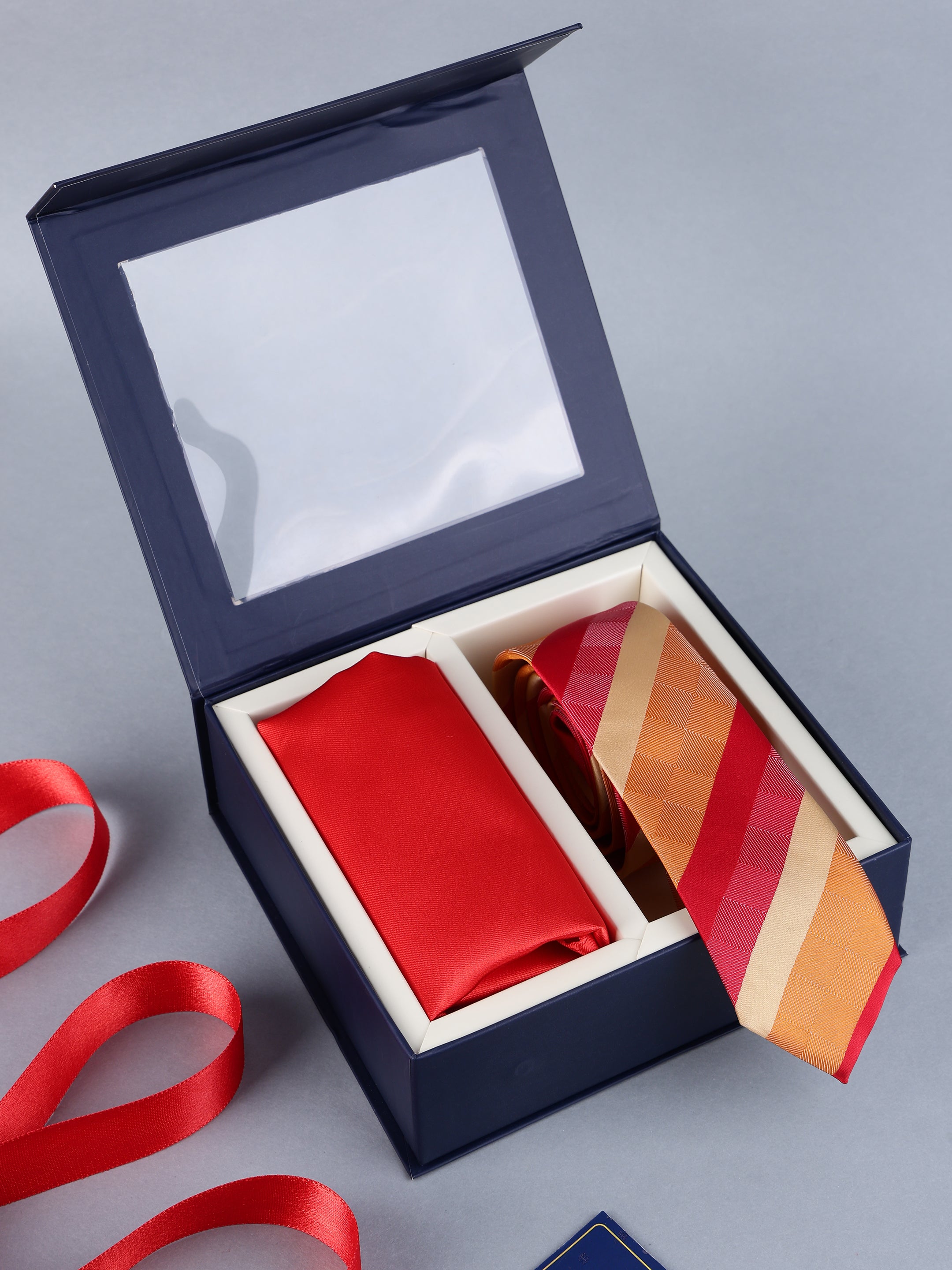 Coral Red & Gold Diagonal Stripe Necktie & Solid Pocket Square Set