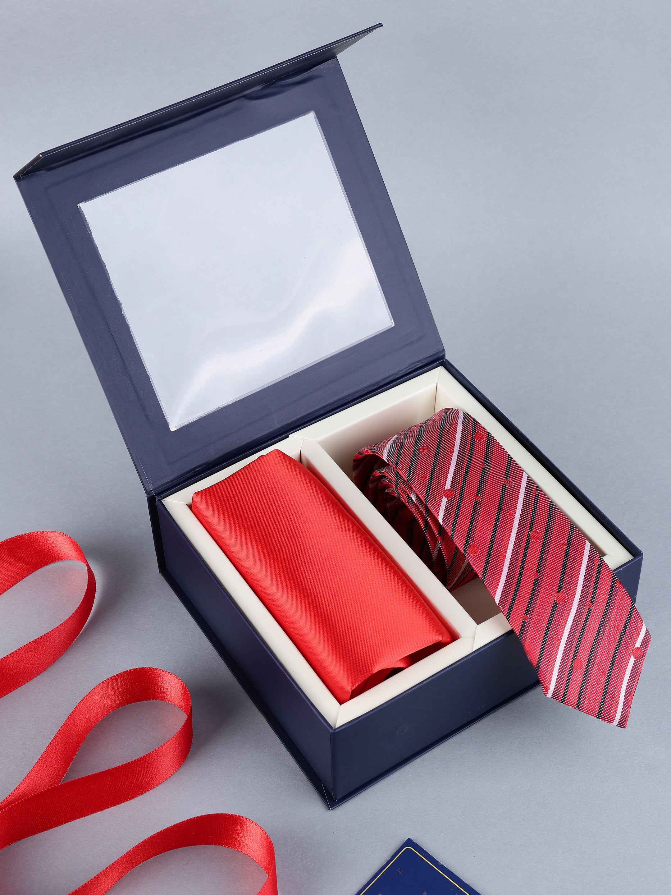 Crimson Red Striped & Polka Dot Necktie & Solid Pocket Square Set