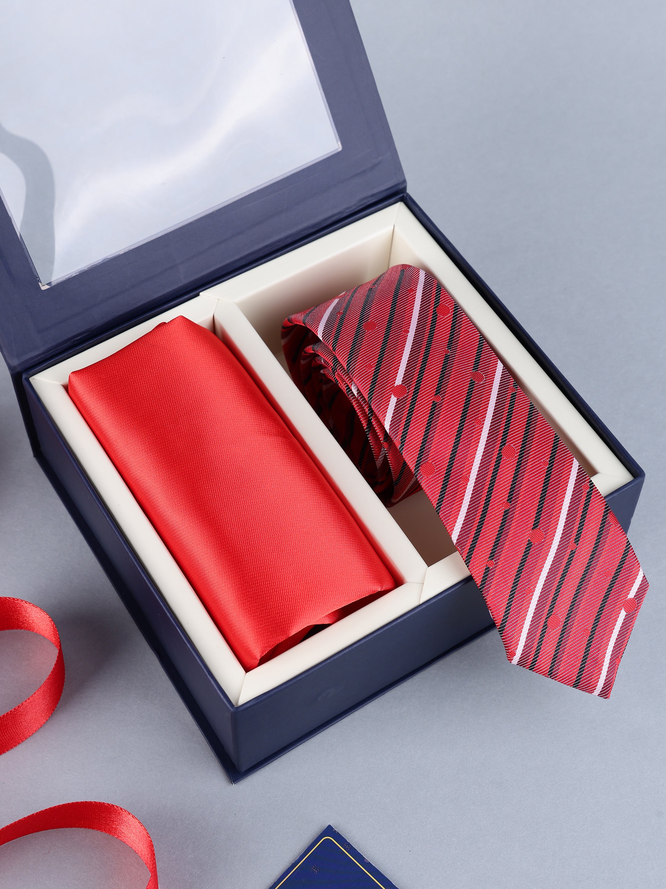 Crimson Red Striped & Polka Dot Necktie & Solid Pocket Square Set