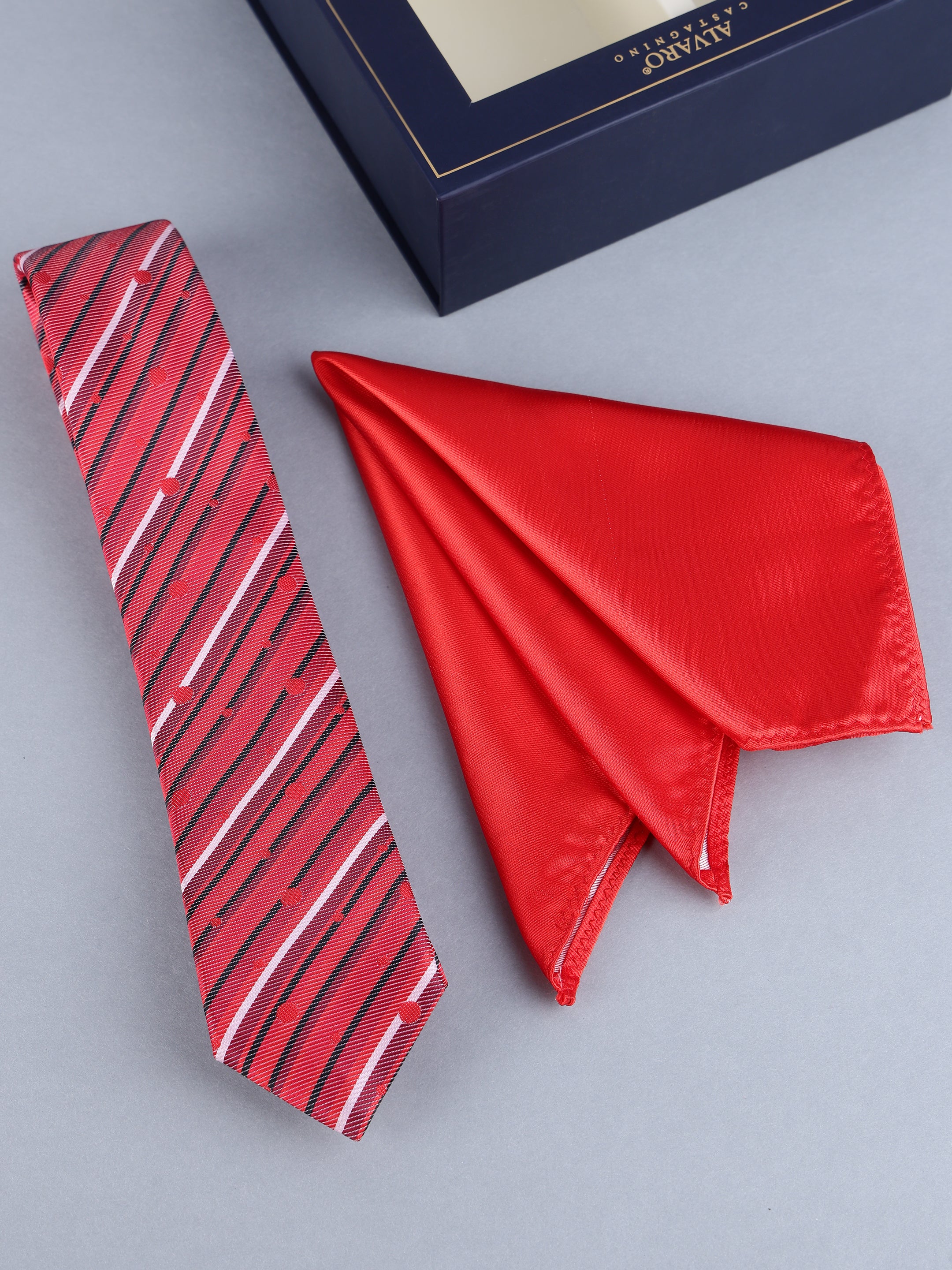 Crimson Red Striped & Polka Dot Necktie & Solid Pocket Square Set