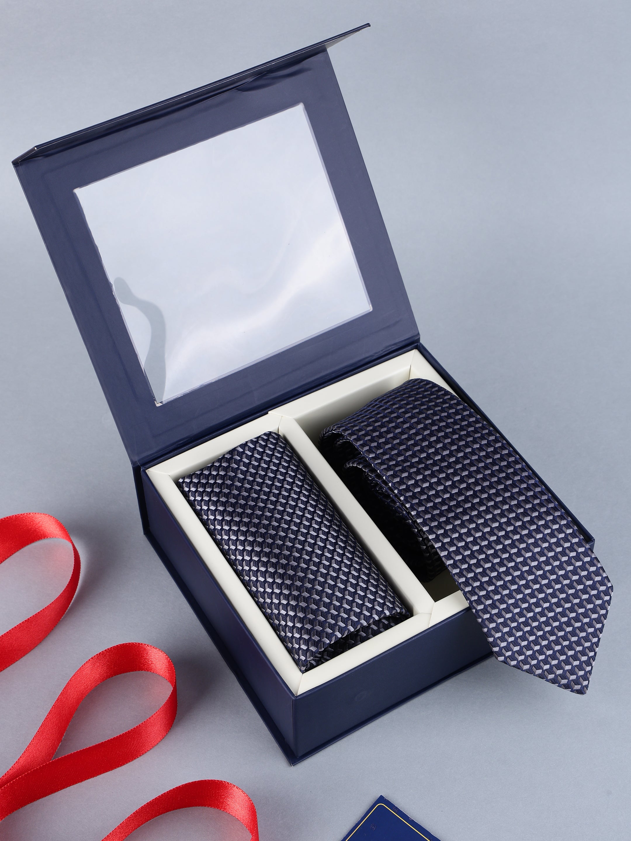 Navy & Silver Geometric 3D Cube Necktie & Pocket Square Set