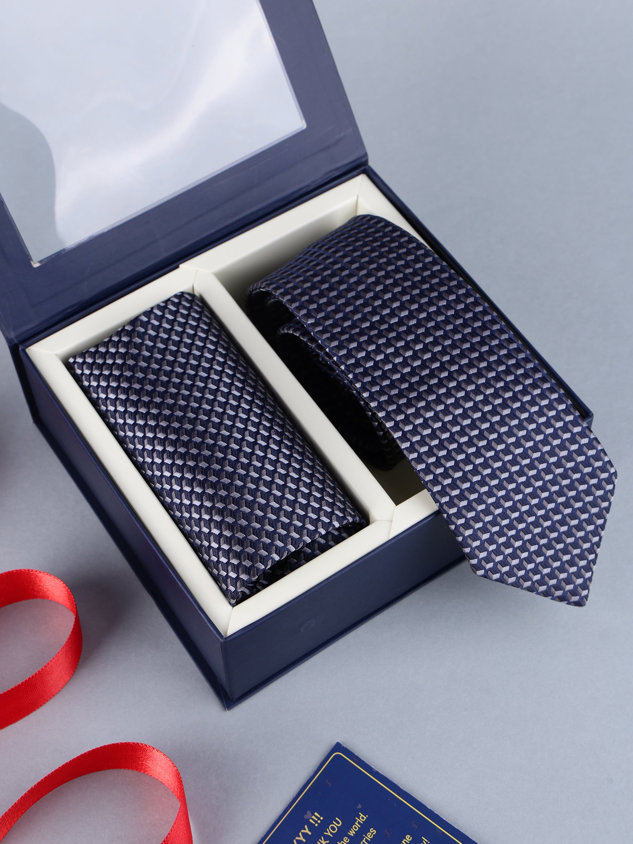 Navy & Silver Geometric 3D Cube Necktie & Pocket Square Set