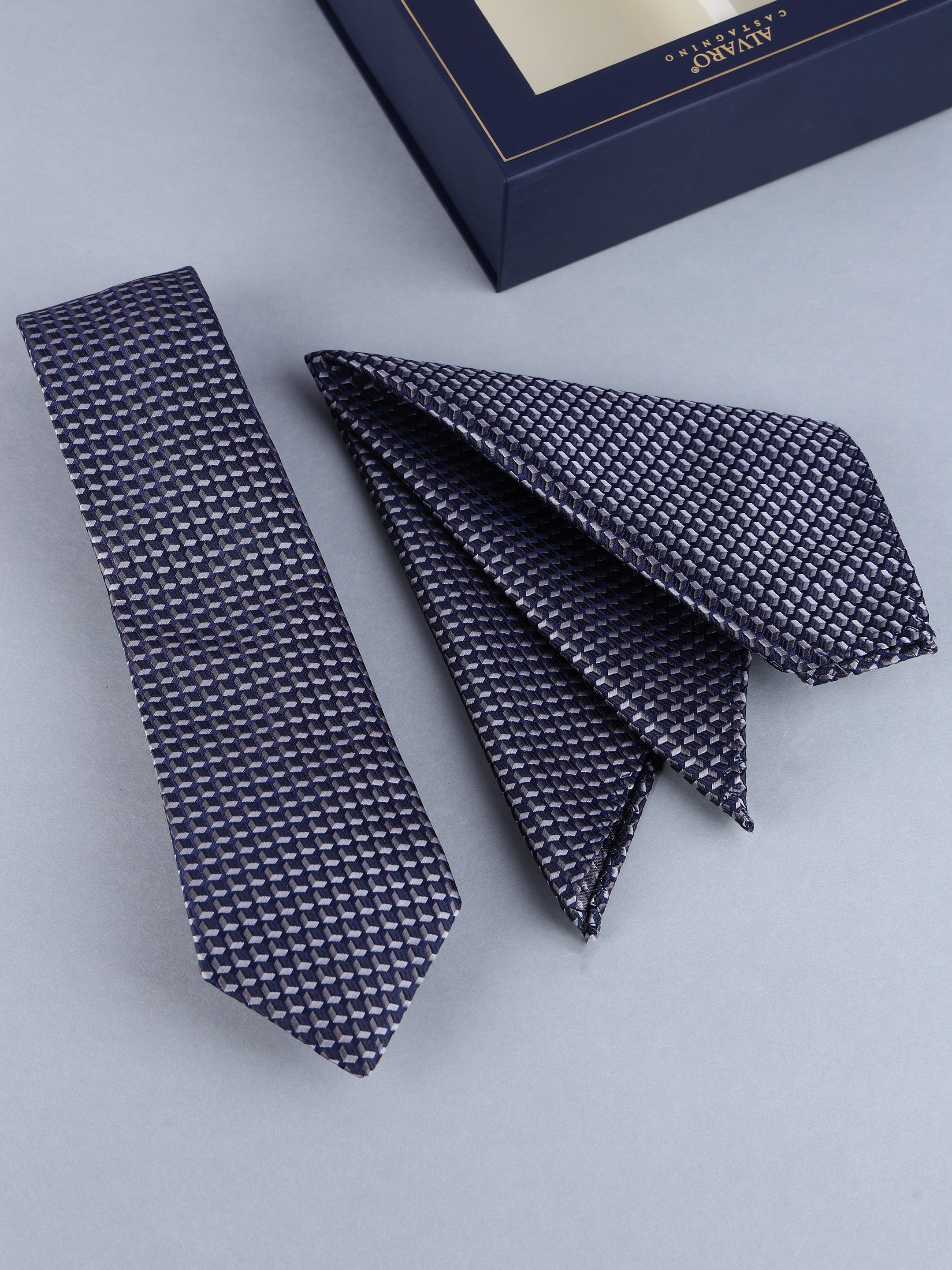 Navy & Silver Geometric 3D Cube Necktie & Pocket Square Set