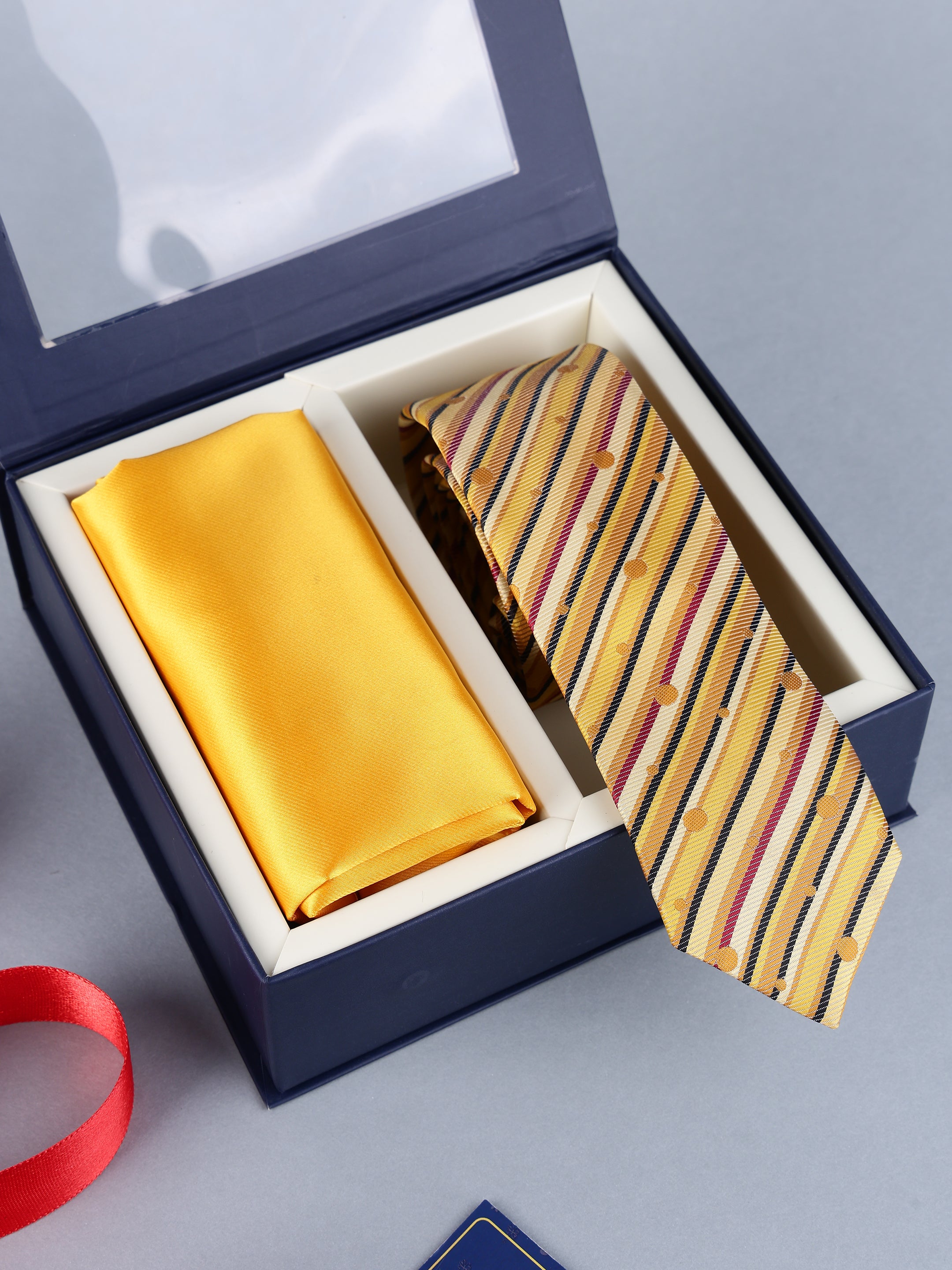 Mustard Yellow Striped & Polka Dot Necktie & Solid Pocket Square Set
