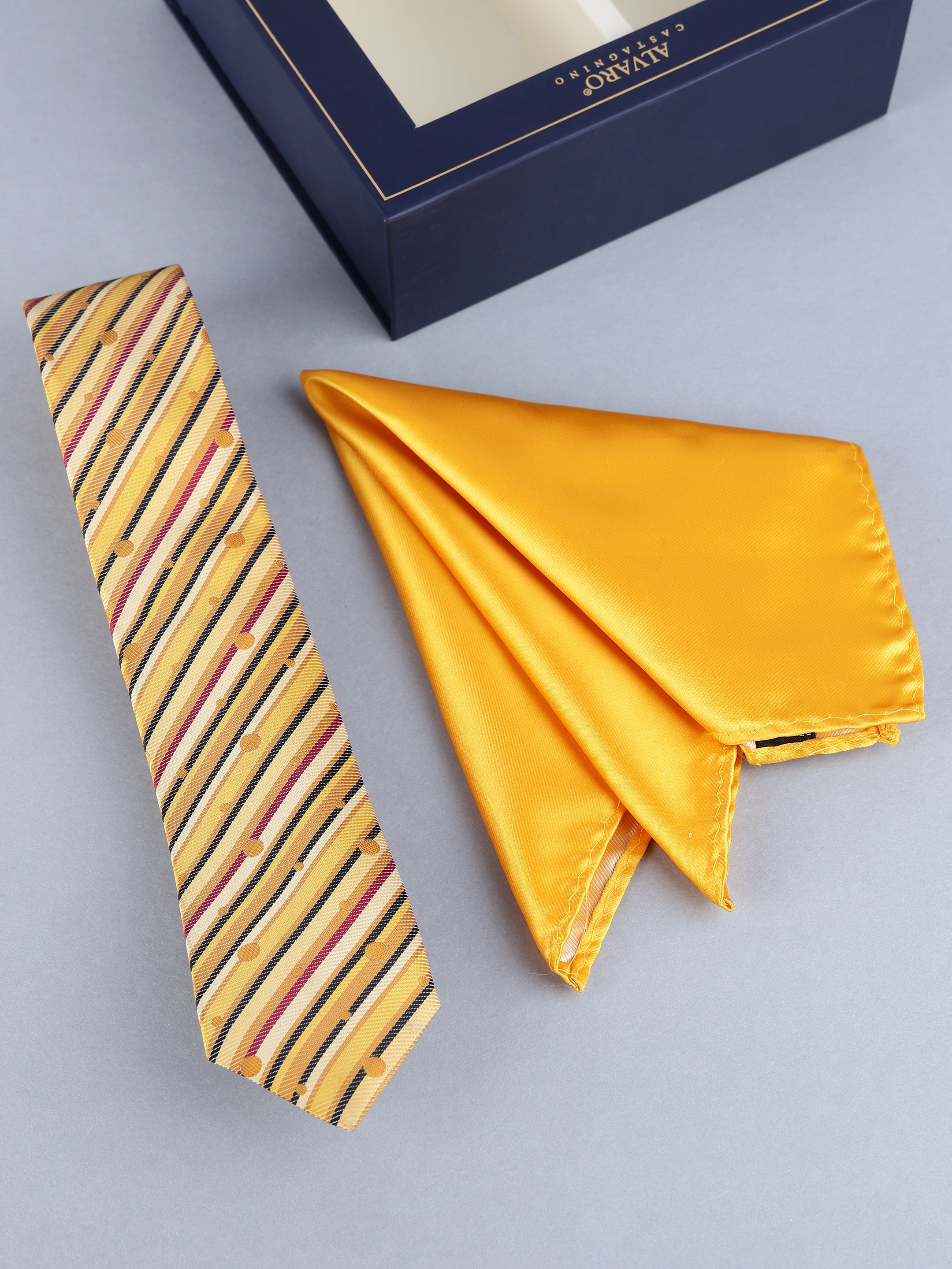 Mustard Yellow Striped & Polka Dot Necktie & Solid Pocket Square Set