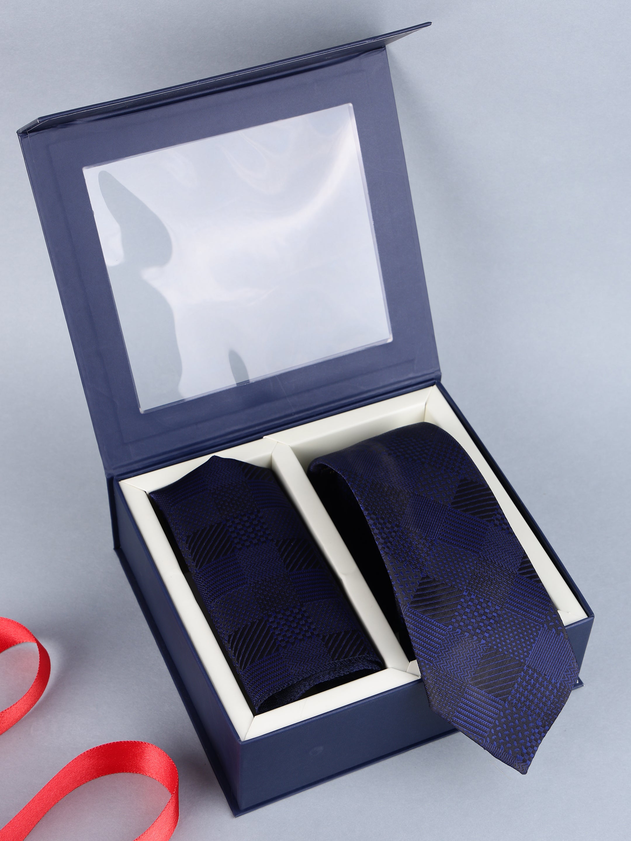Navy Blue Checkered Necktie Gift Set