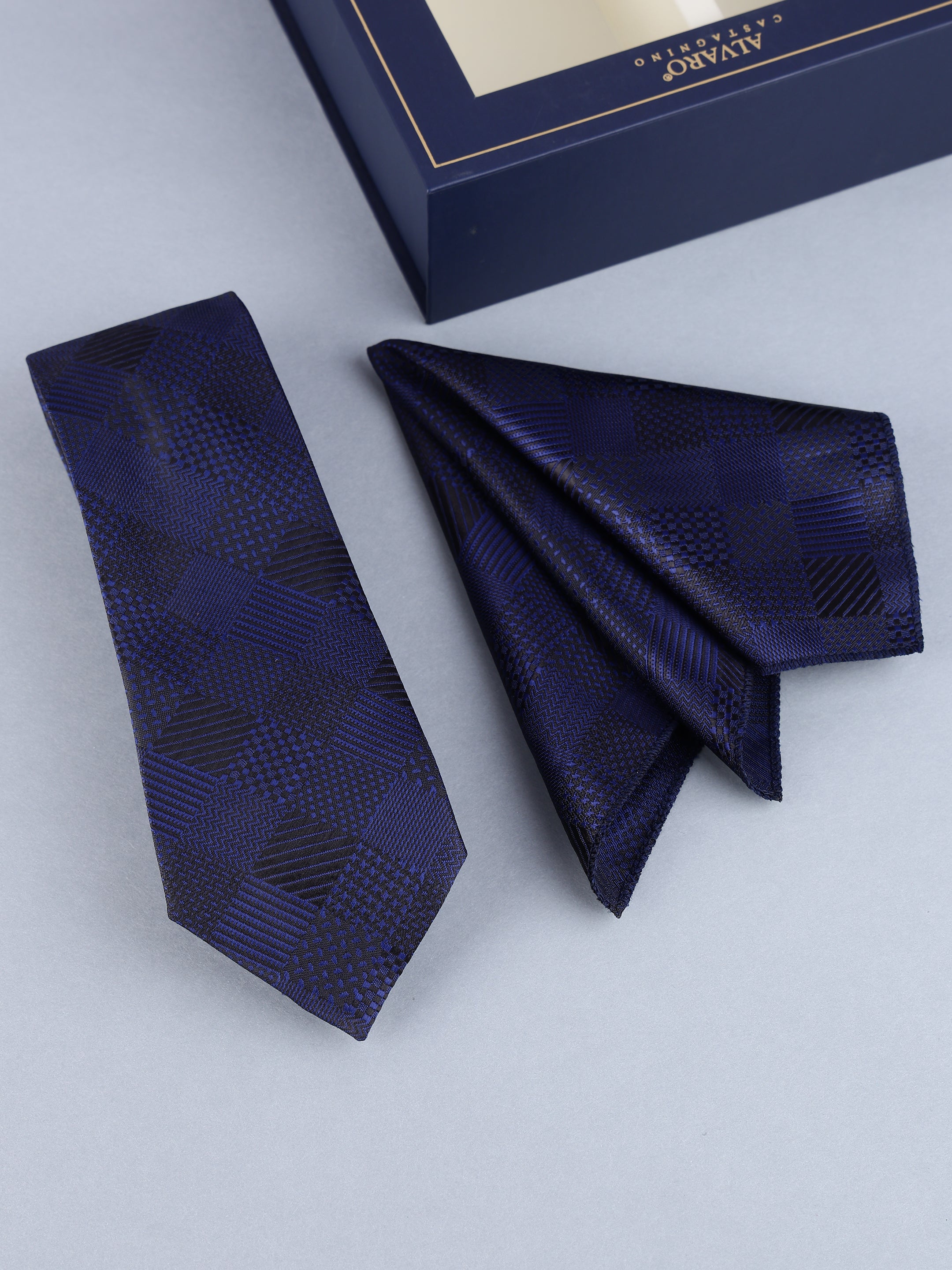 Navy Blue Checkered Necktie Gift Set