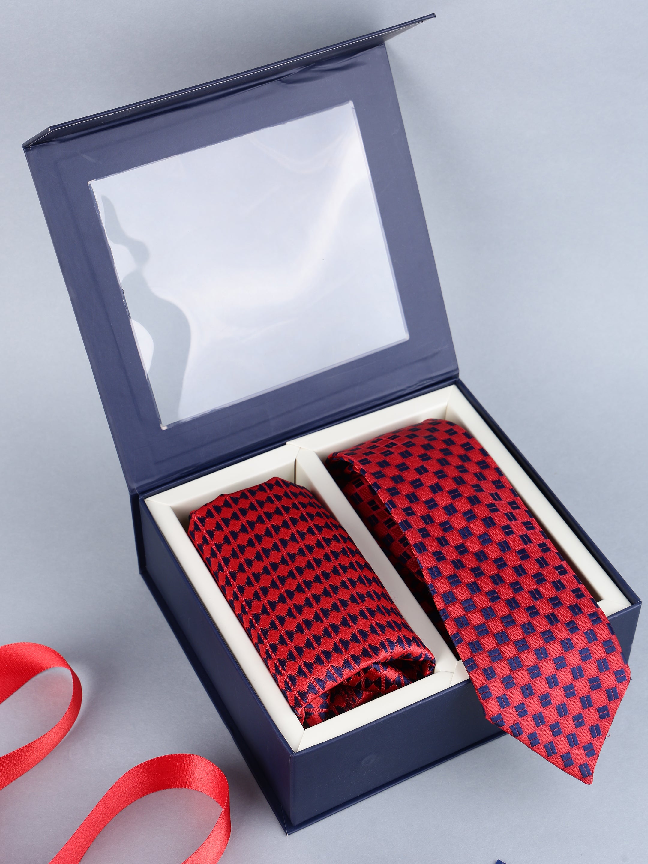 Red & Navy Geometric Necktie Gift Set