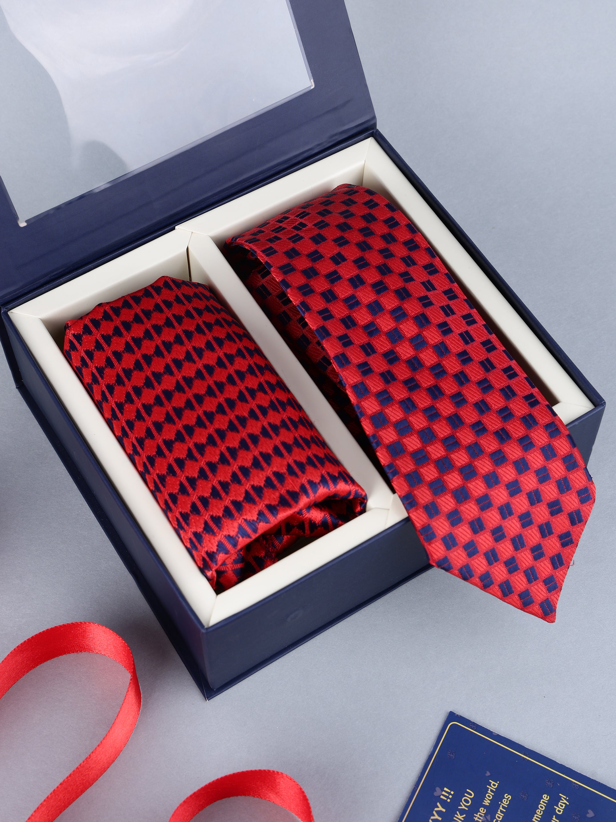 Red & Navy Geometric Necktie Gift Set