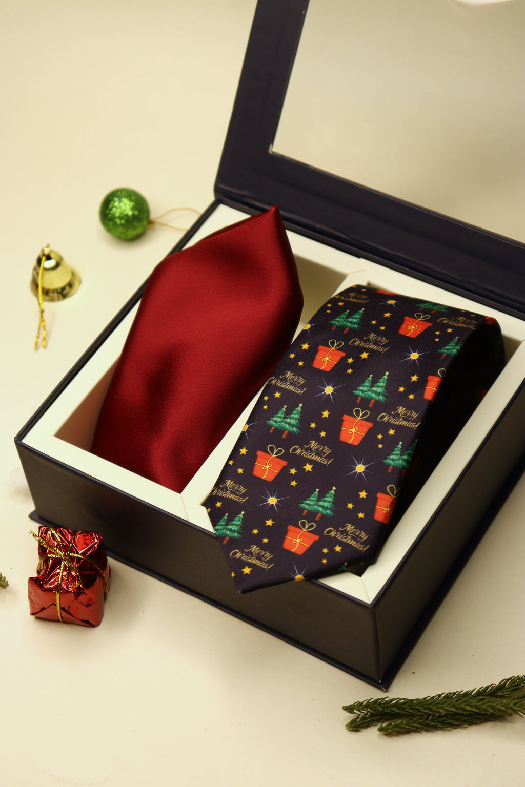 Christmas Midnight Blue Necktie & Red Pocket Square Gift Set