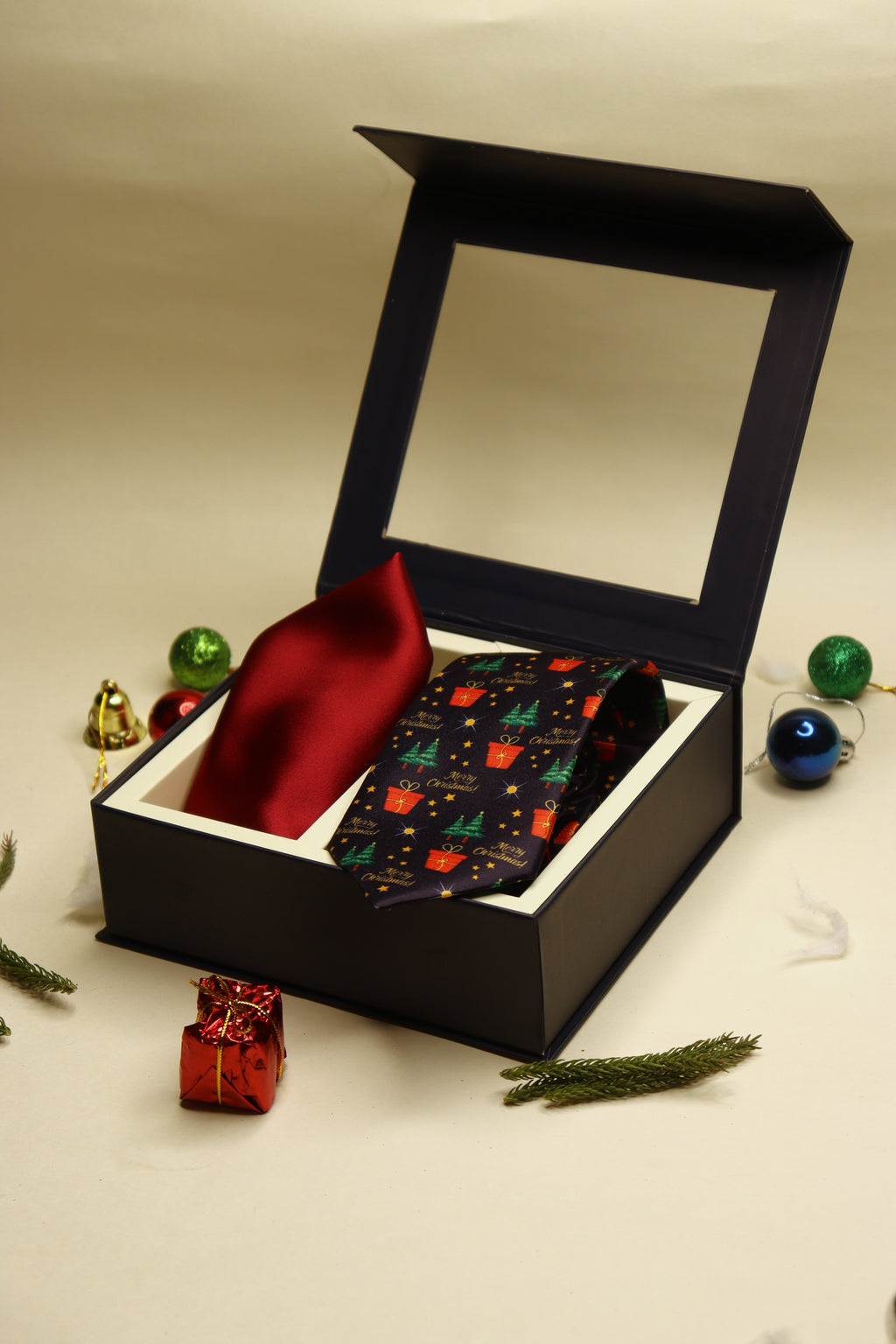 Christmas Midnight Blue Necktie & Red Pocket Square Gift Set