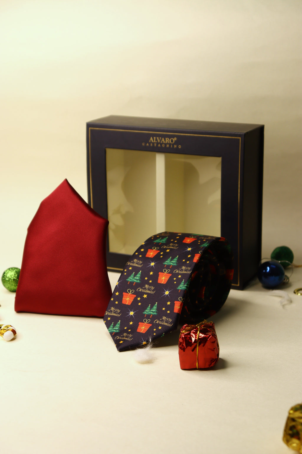 Christmas Midnight Blue Necktie & Red Pocket Square Gift Set
