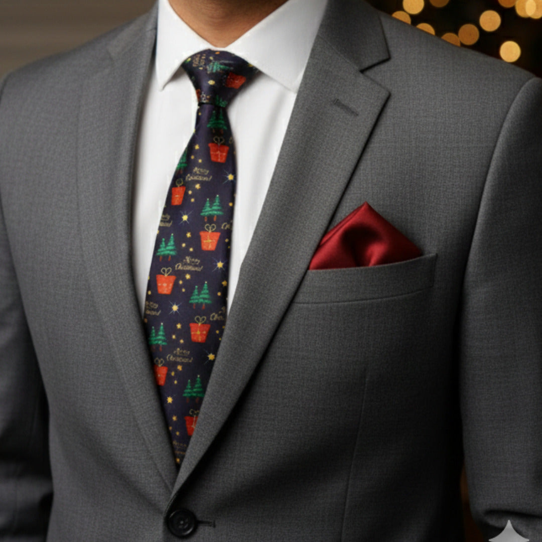 Christmas Midnight Blue Necktie & Red Pocket Square Gift Set