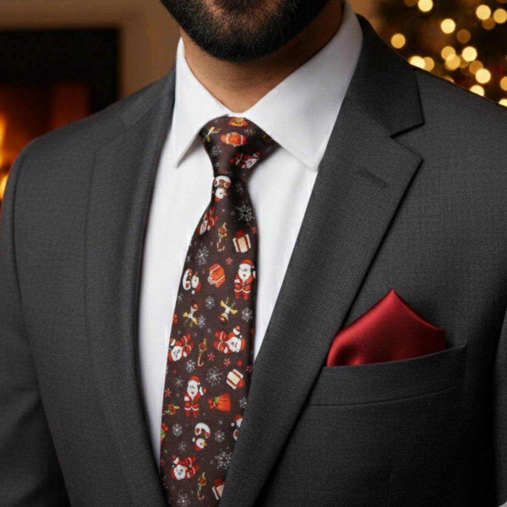 Santa Deep Black Necktie & Maroon Pocket Square Gift Set