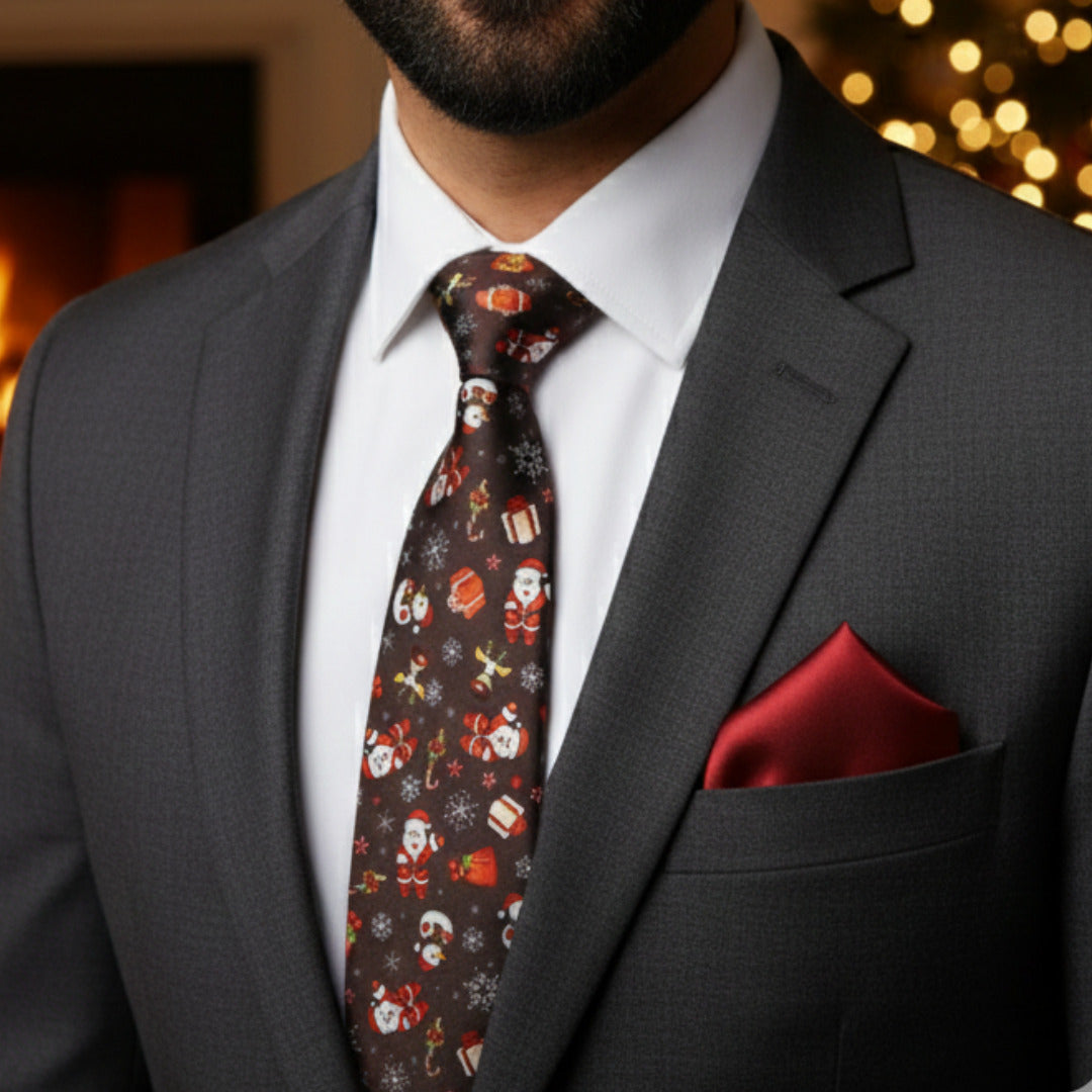 Santa Deep Black Necktie & Maroon Pocket Square Gift Set