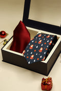 Santa Navy Blue Necktie & Red Pocket Square Gift Set
