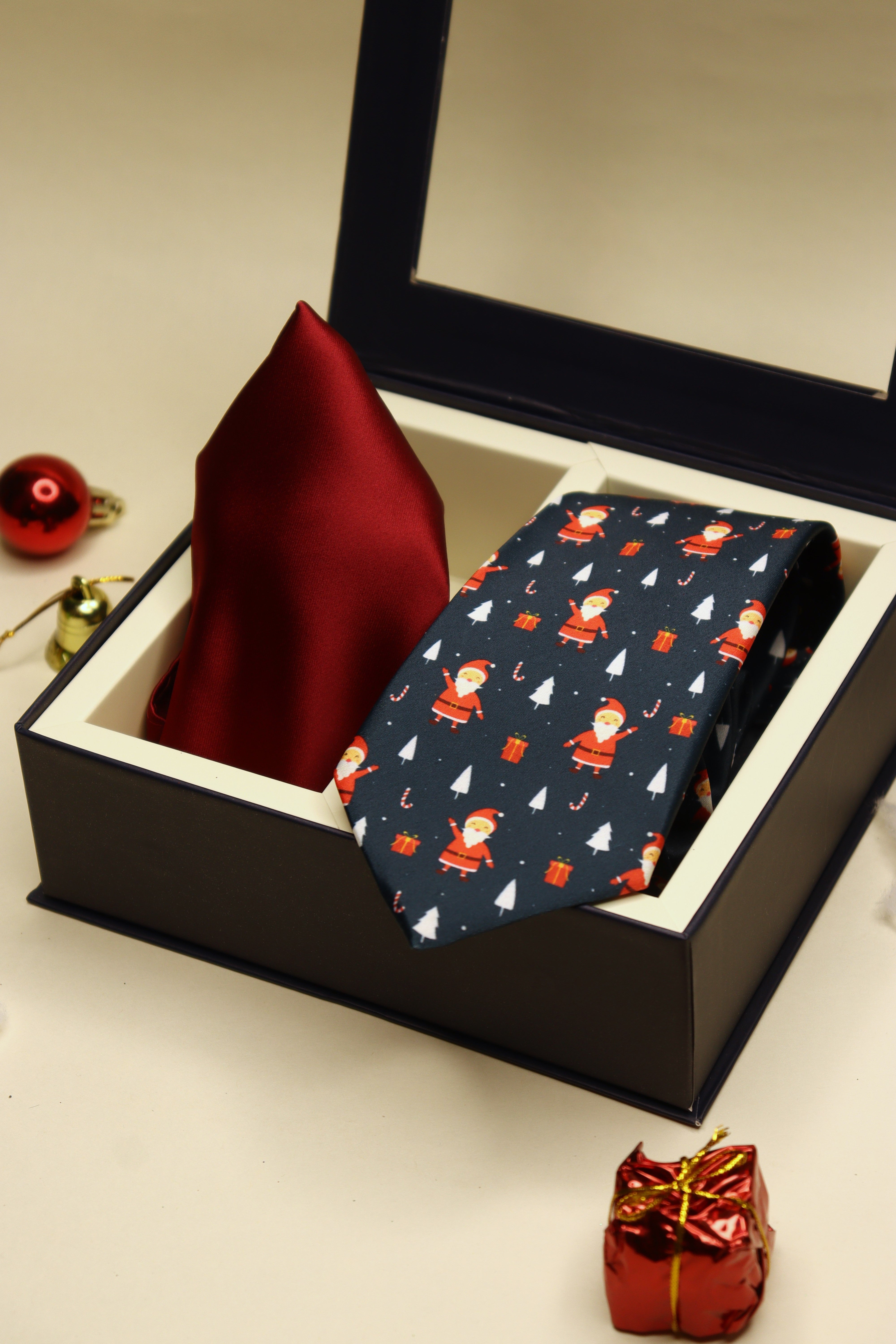 Santa Navy Blue Necktie & Red Pocket Square Gift Set