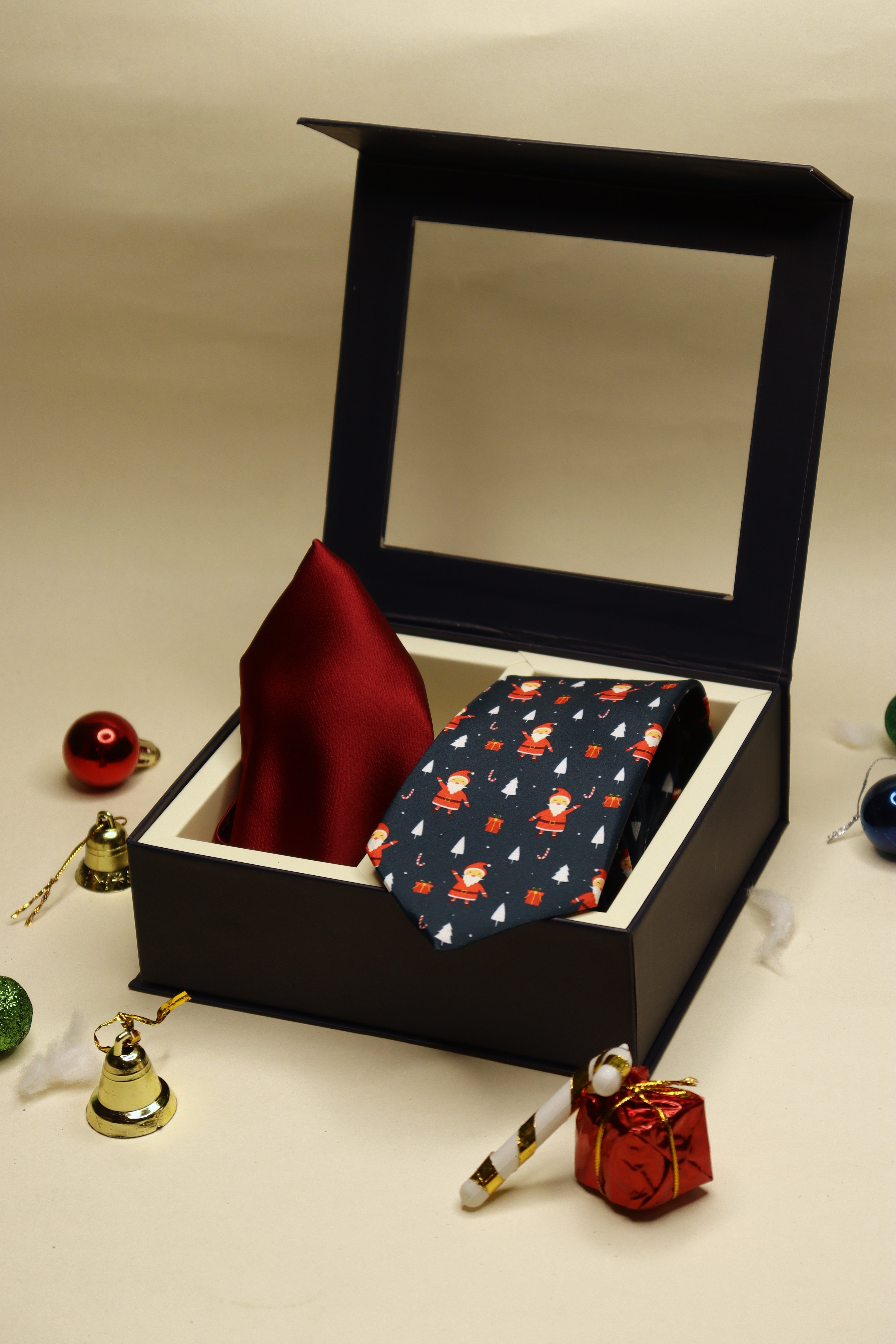 Santa Navy Blue Necktie & Red Pocket Square Gift Set