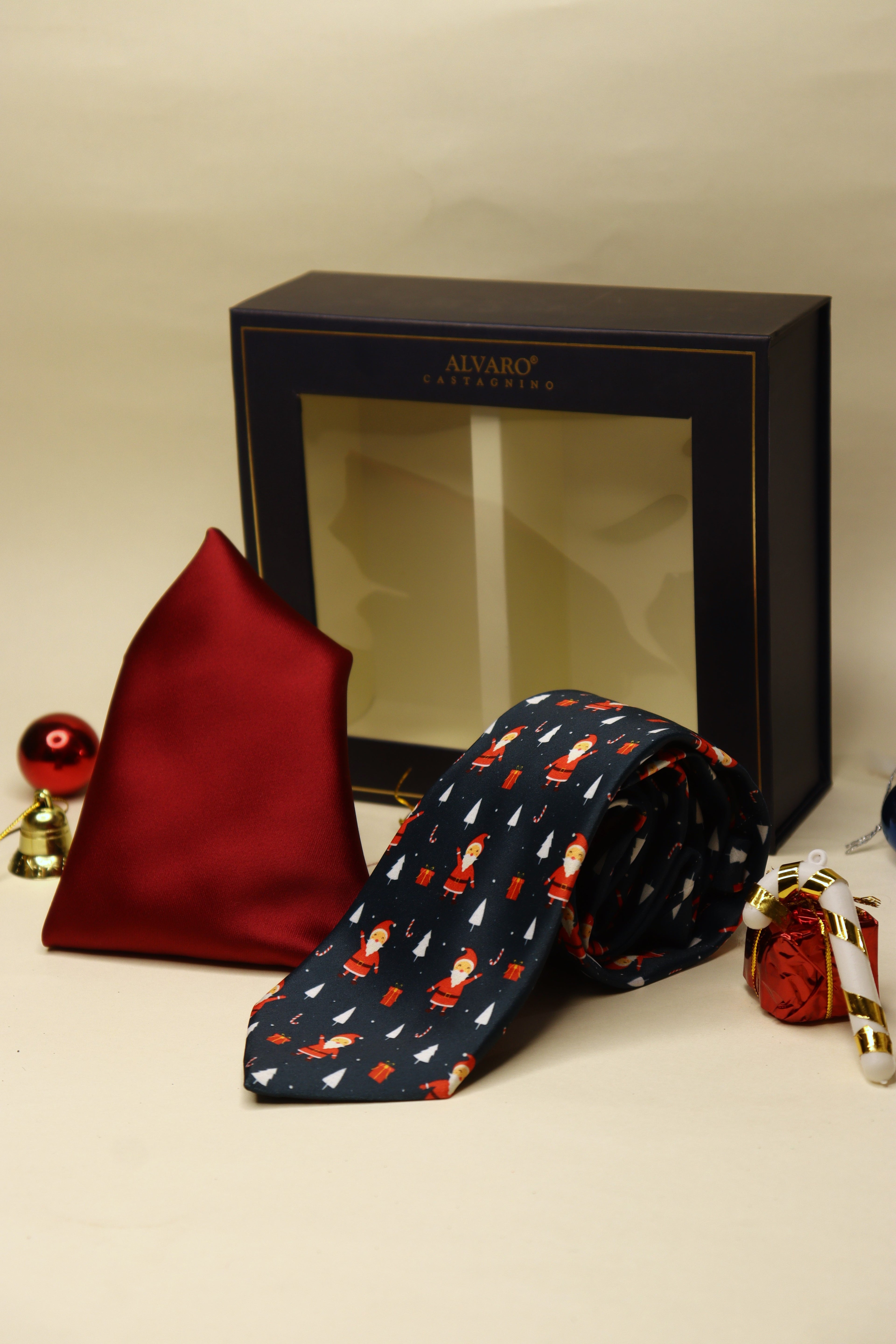 Santa Navy Blue Necktie & Red Pocket Square Gift Set
