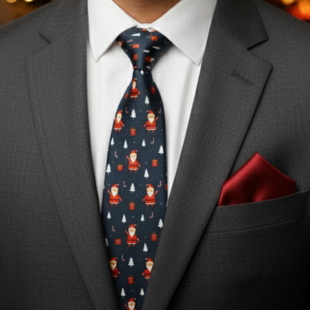 Santa Navy Blue Necktie & Red Pocket Square Gift Set