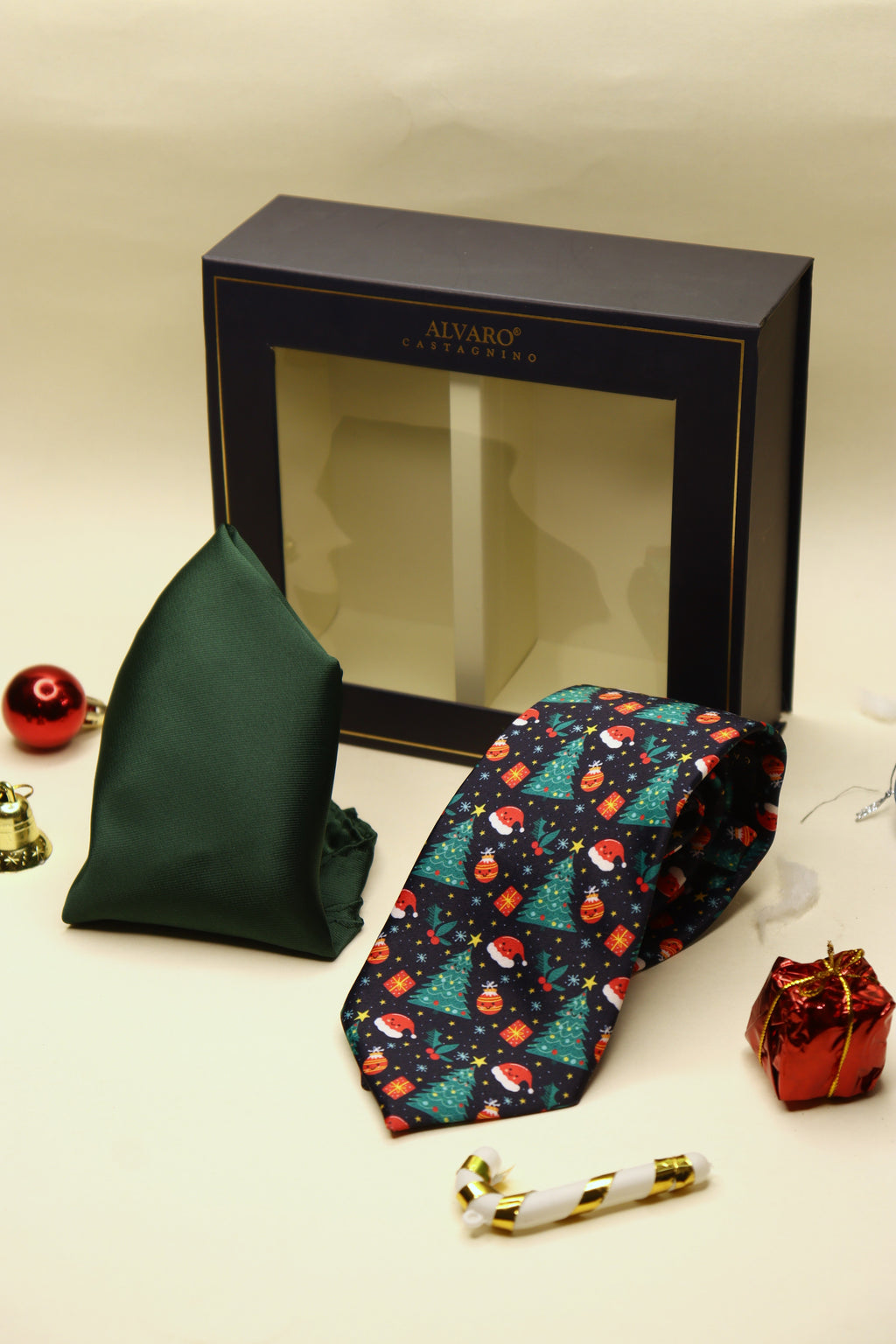 Christmas Blue Necktie & Green Pocket Square Gift Set