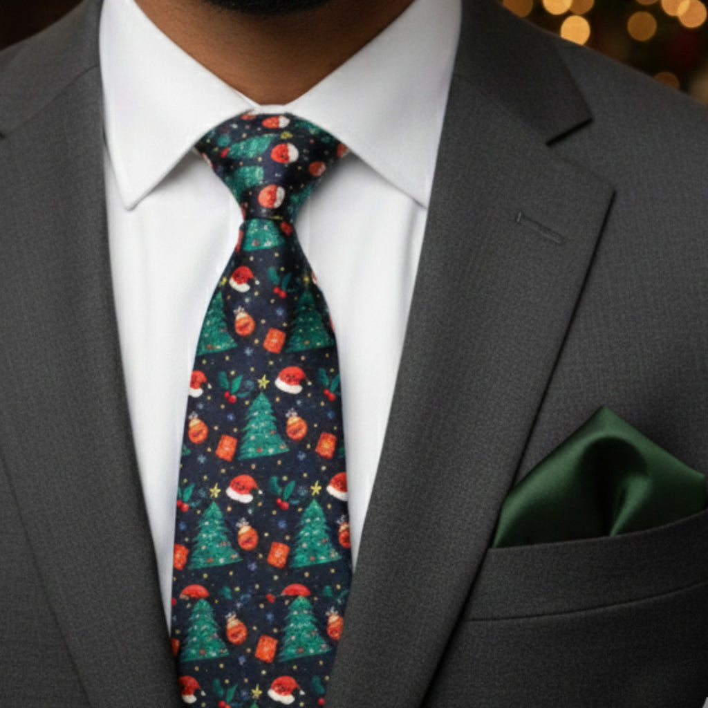 Christmas Blue Necktie & Green Pocket Square Gift Set