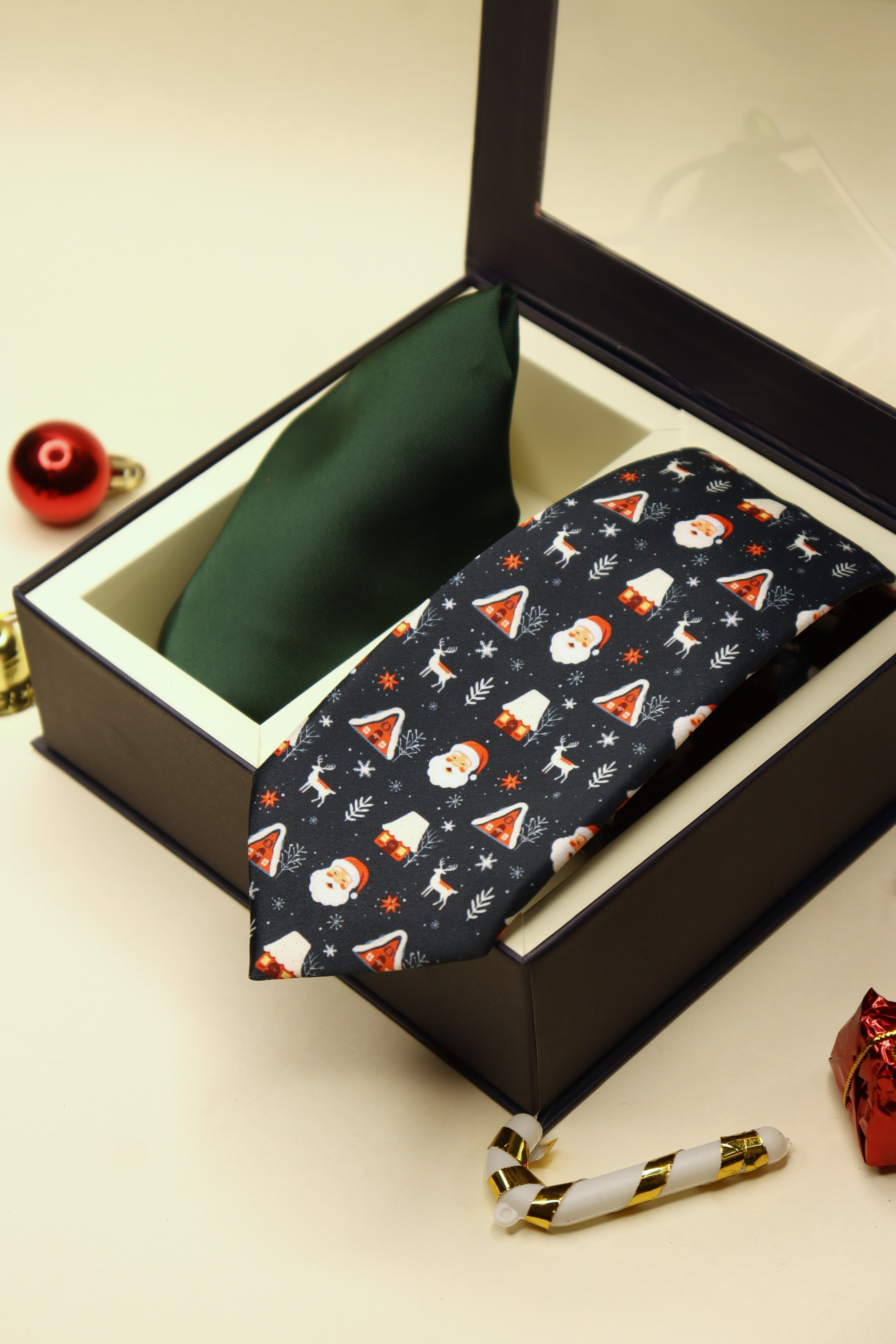 Santa Dark Blue Necktie & Green Pocket Square Gift Set
