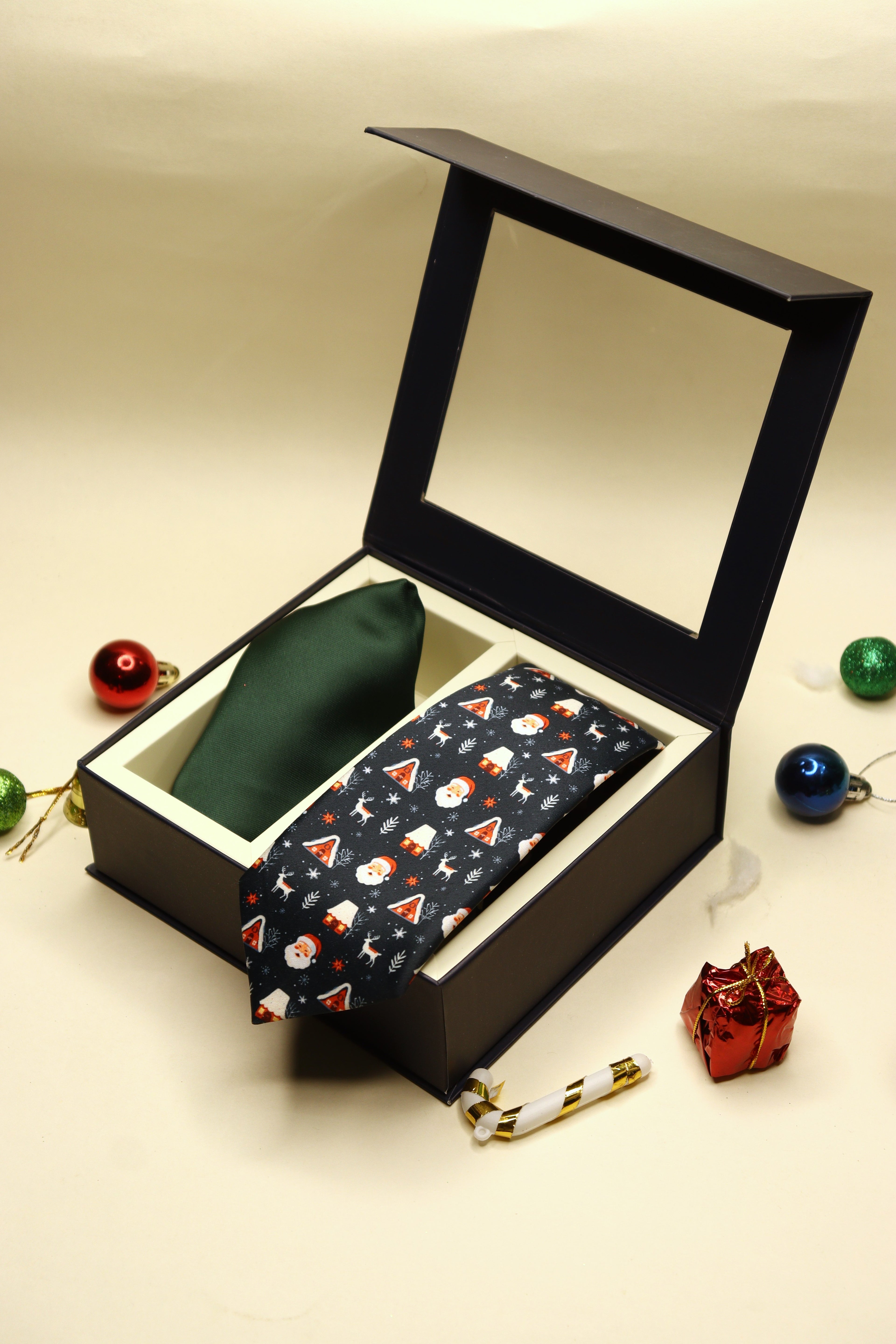 Santa Dark Blue Necktie & Green Pocket Square Gift Set